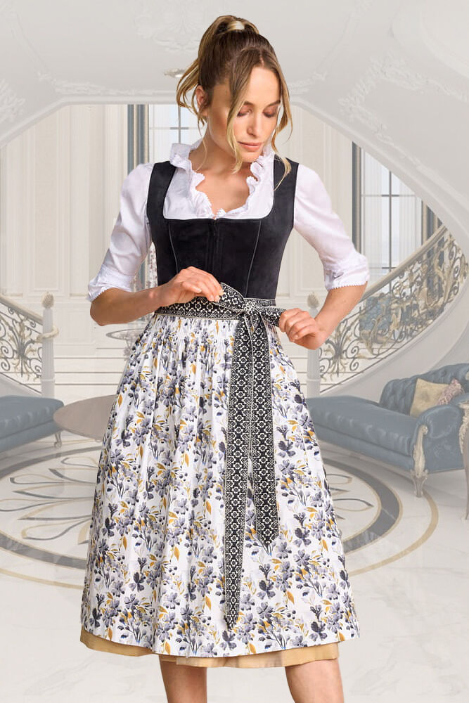 Festliches Midi-Dirndl - kurzes Samtdirndl + Blumenschürze Schwarz-Gold