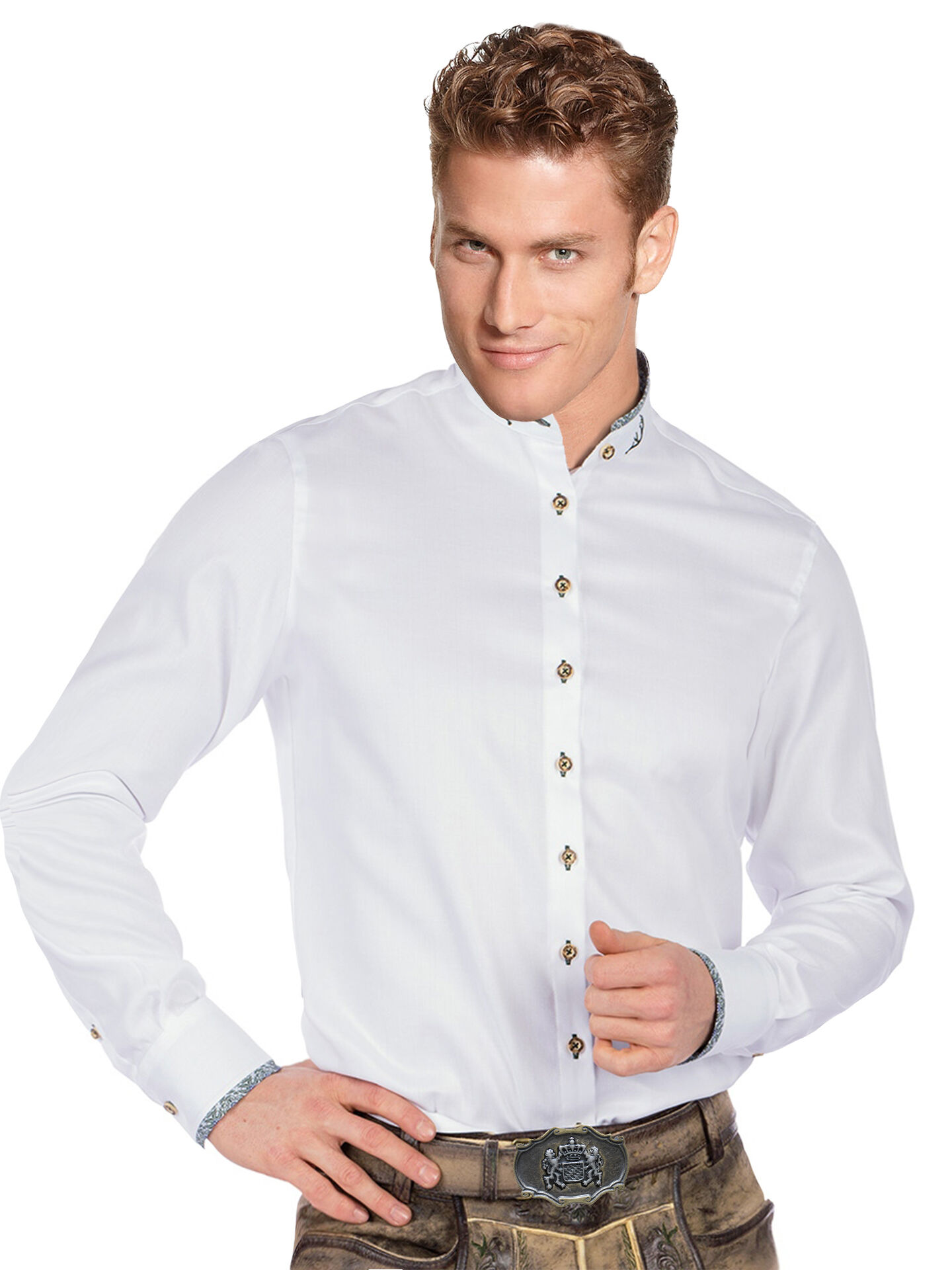 Trachtenhemd Weiß/Grün SLIMFIT Stehkragen  Trachtenhemd Weiß/Grün SLIMFIT Stehkragen