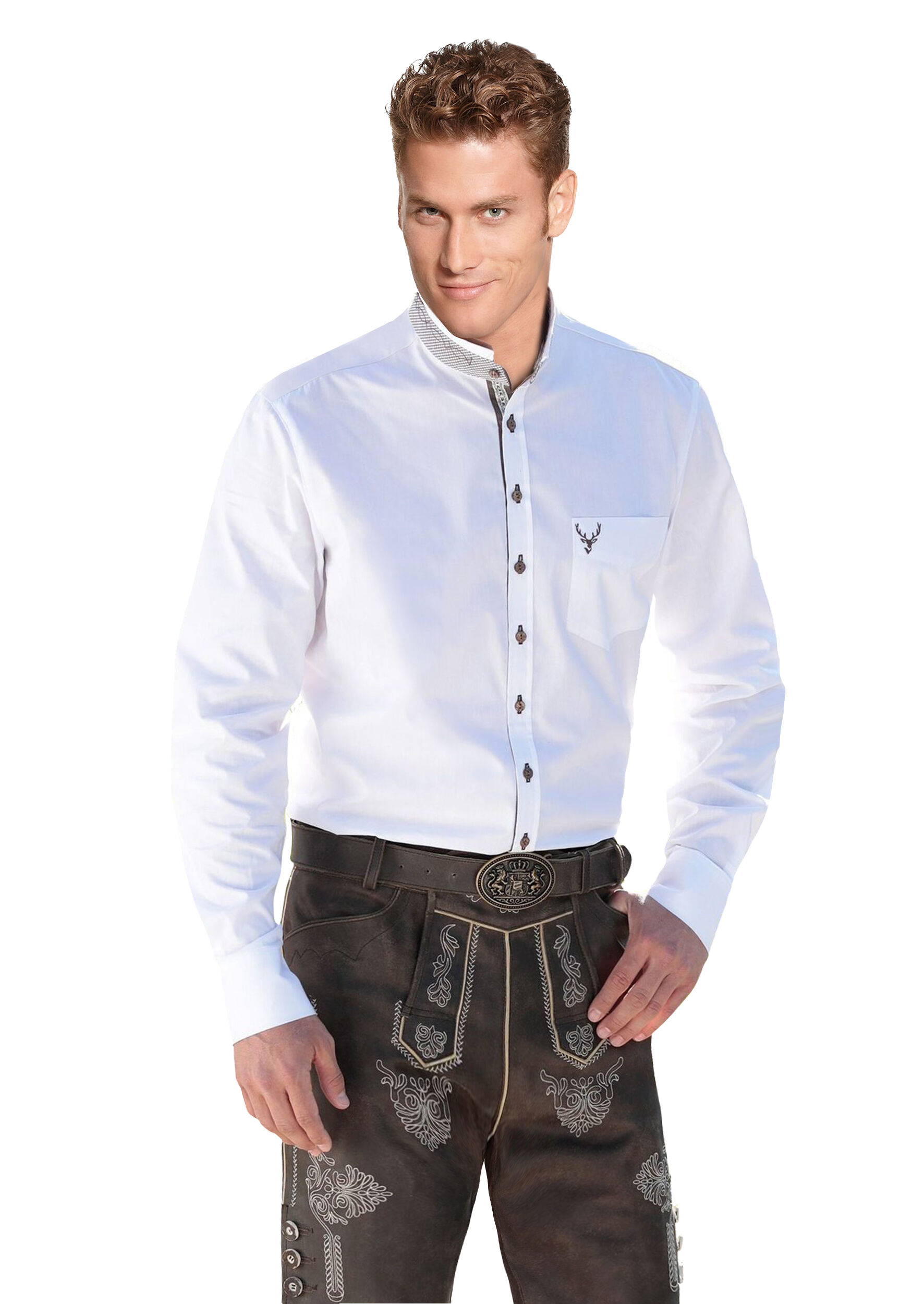 Trachtenhemd Weiß/Braun SLIMFIT Stehkragen  Trachtenhemd Weiß/Braun SLIMFIT Stehkragen