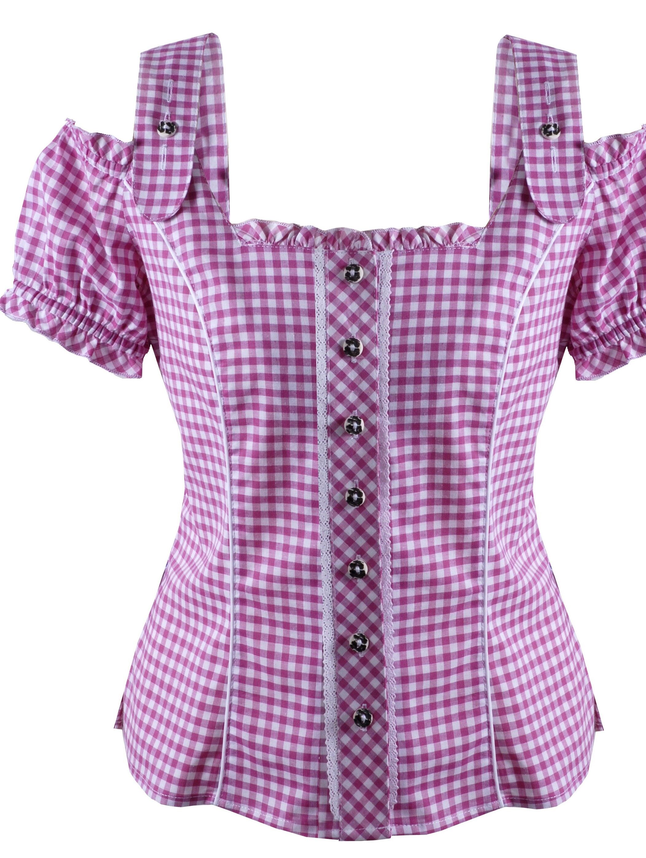 Trachtenbluse Damen kariert Kurzarm Carmenstil Schulterfrei Pink Trachtenbluse Damen kariert Kurzarm Carmenstil Schulterfrei Pink