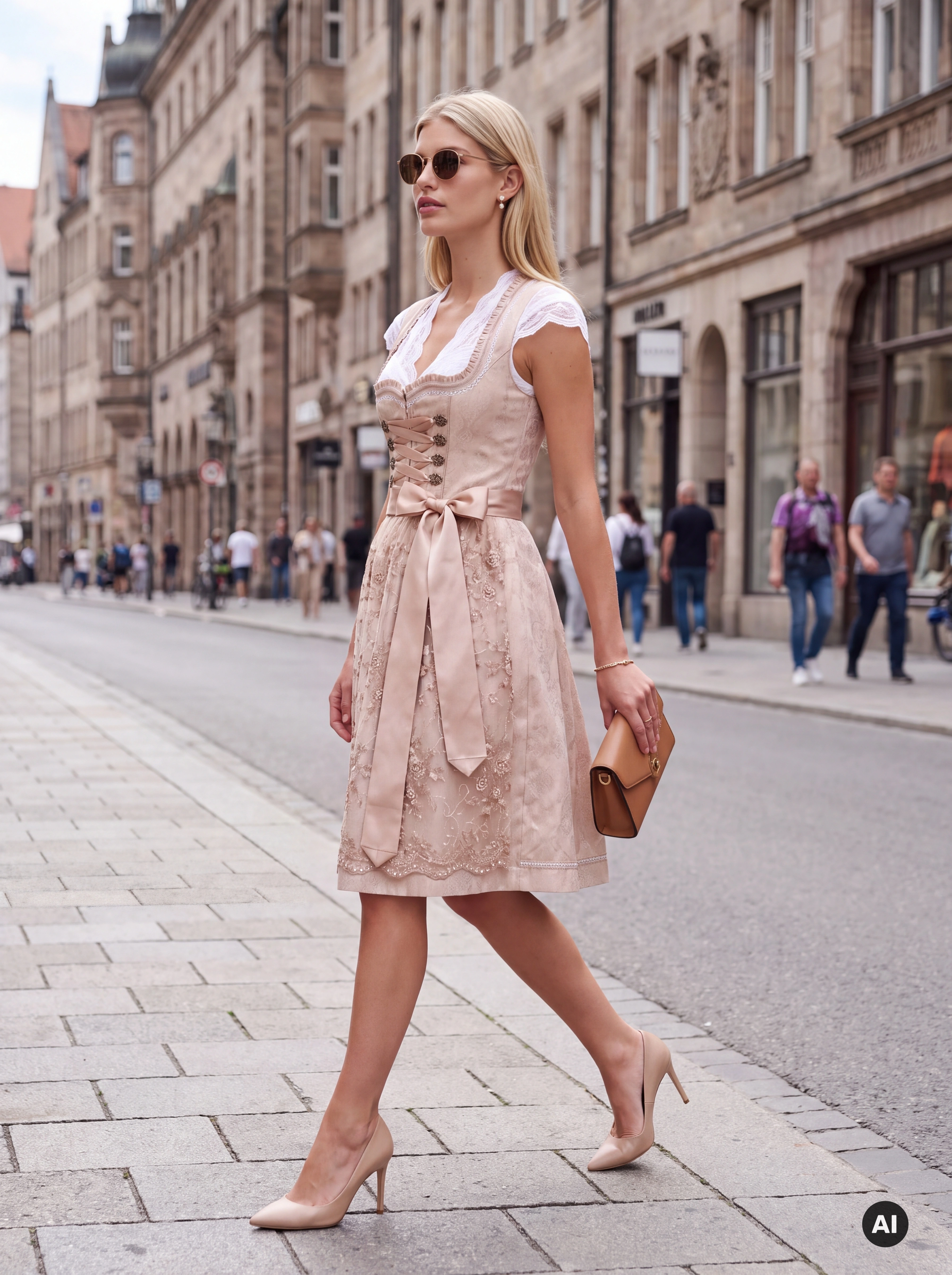 Midi-Dirndl Anna 65 cm Beige-Rosé mit Spitzenschürze & Schnürung