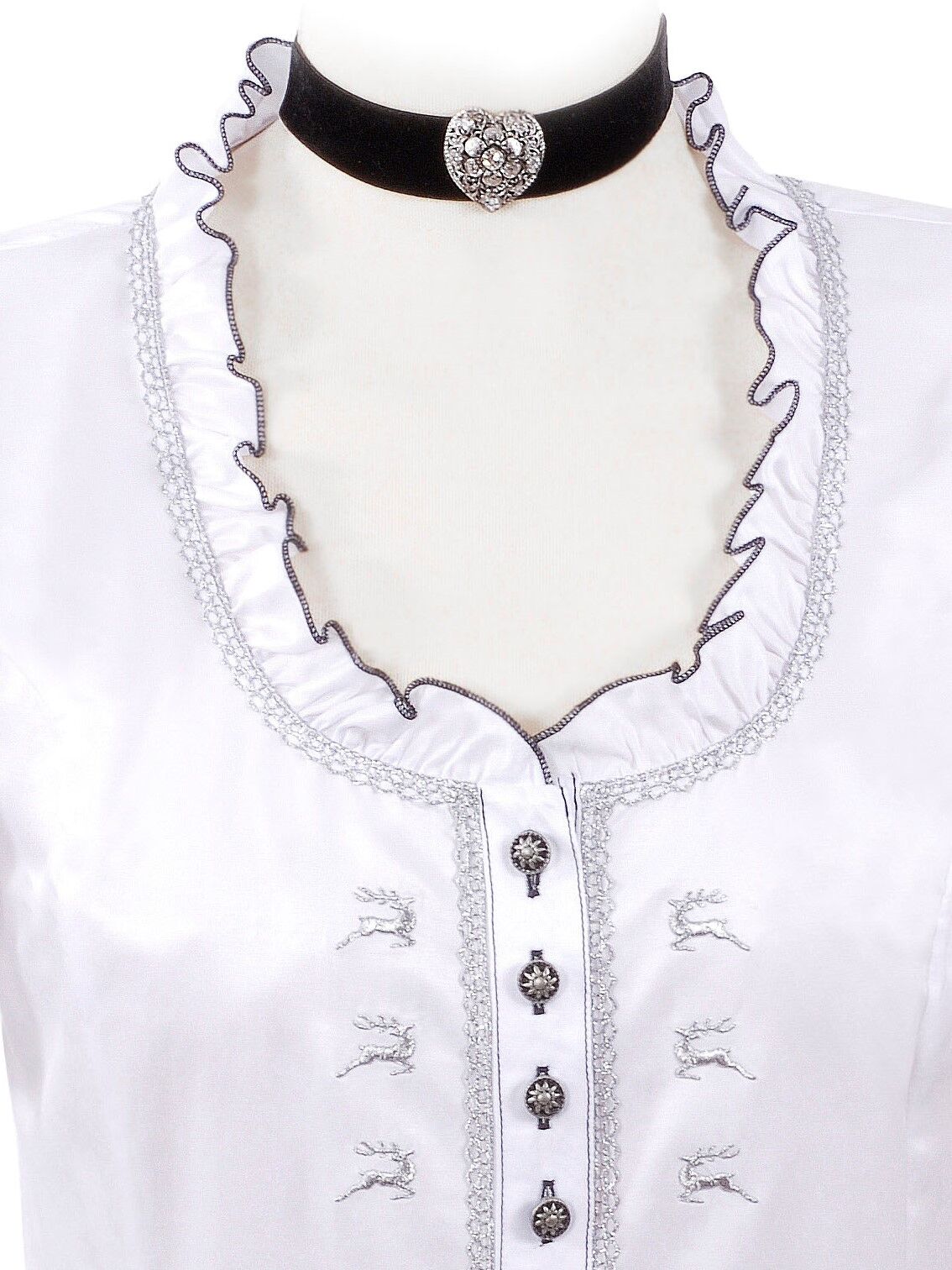Trachtenbluse Damen Kurzarm Rüschen + Hirsch-Stickerei Weiß-Silber Trachtenbluse Damen Kurzarm Rüschen + Hirsch-Stickerei Weiß-Silber