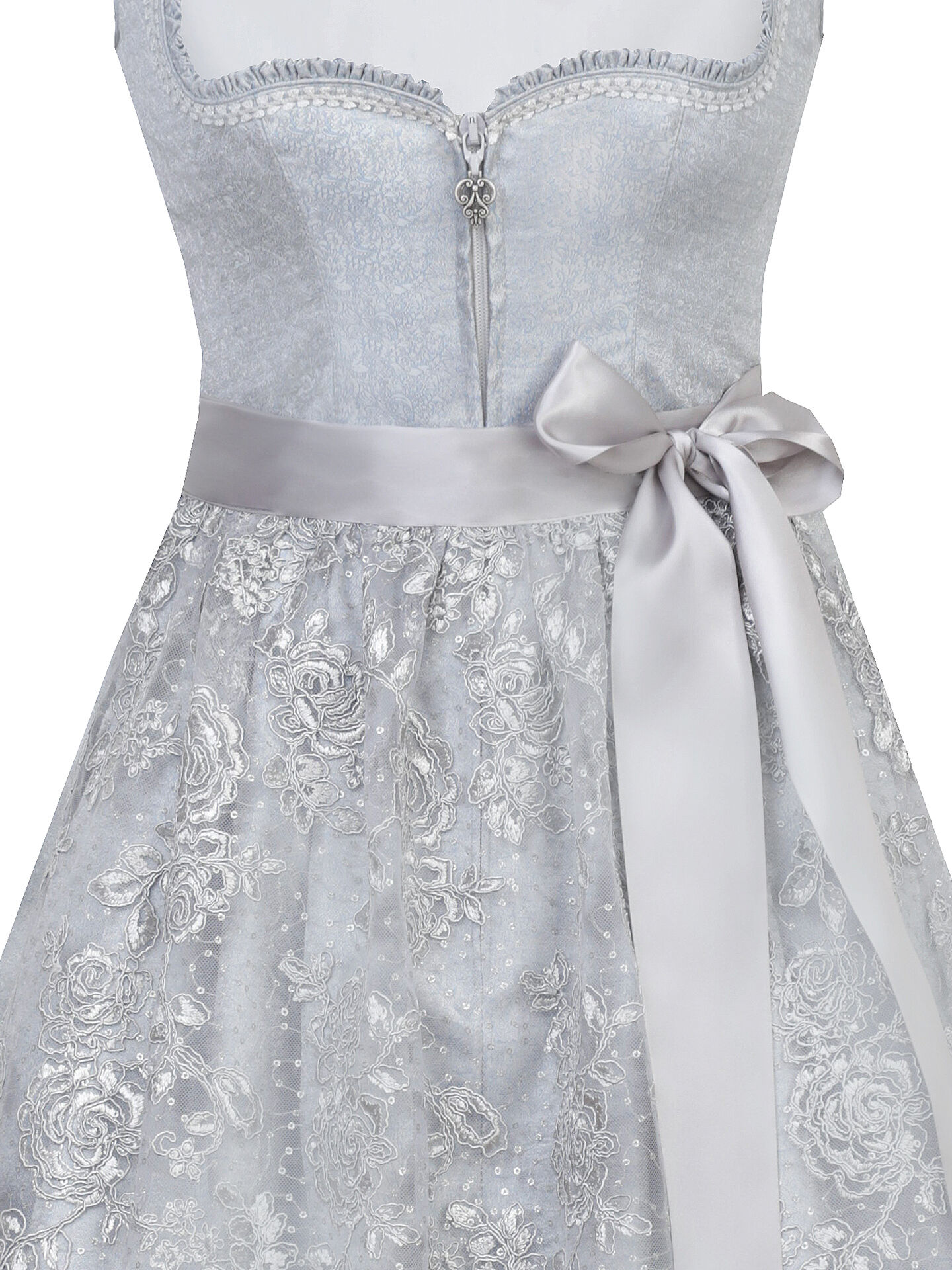 Festliches Midi-Dirndl - kurzes Dirndl + Spitzenschürze Bleu-Silber Festliches Midi-Dirndl - kurzes Dirndl + Spitzenschürze Bleu-Silber
