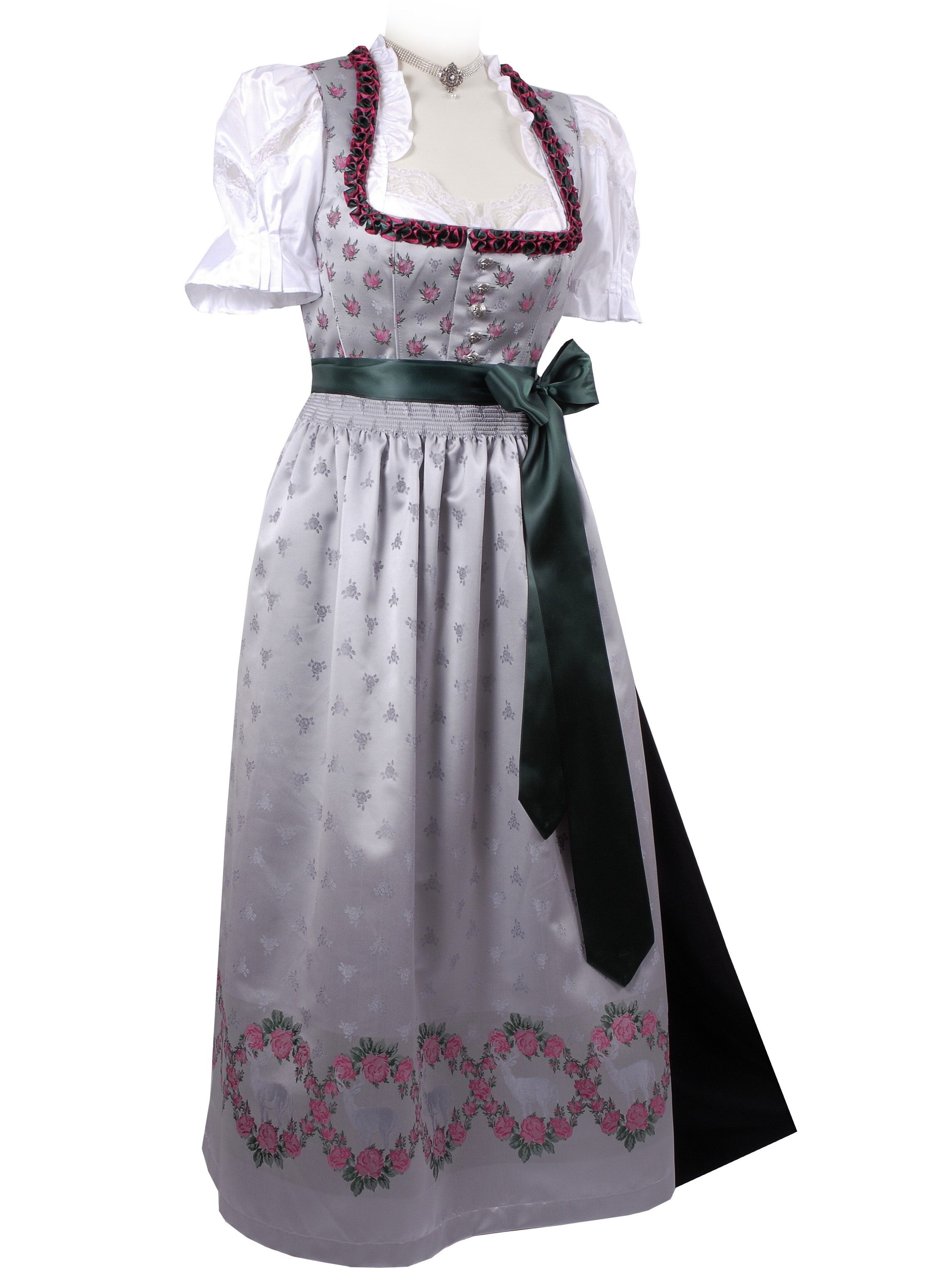 Festliches Dirndl lang - Festtagsdirndl mit edler Rosen-Schürze Silber Set 3-teilig + Bluse Festliches Dirndl lang - Festtagsdirndl mit edler Rosen-Schürze Silber Set 3-teilig + Bluse