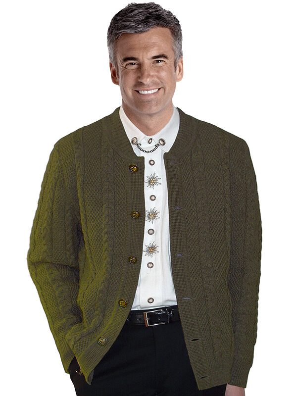 PREMIUM Trachtenstrickjacke Herren 100% Schurwolle Trachtenjanker Jagd Oliv + Loden PREMIUM Trachtenstrickjacke Herren 100% Schurwolle Trachtenjanker Jagd Oliv + Loden