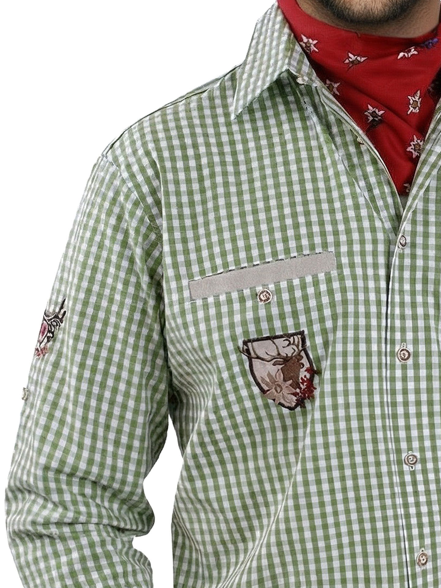 PREMIUM Trachtenhemd kariert Grün bestickt "easy care bügelfrei"