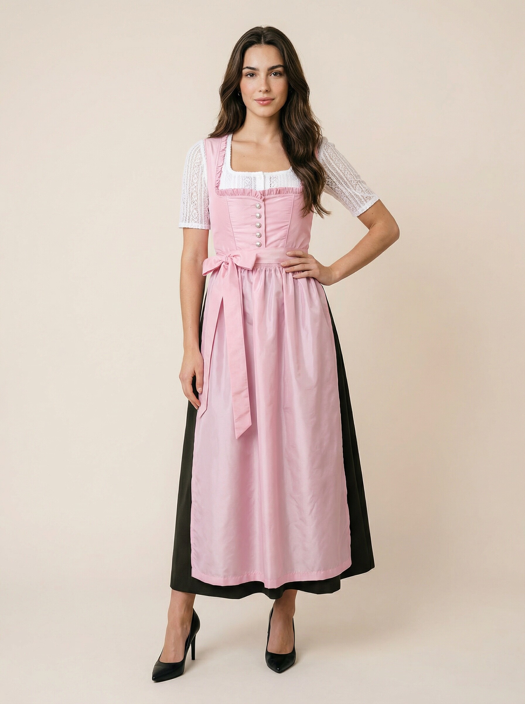 Langes rosanes Dirndl Sabrina für Damen – klassische Frontansicht