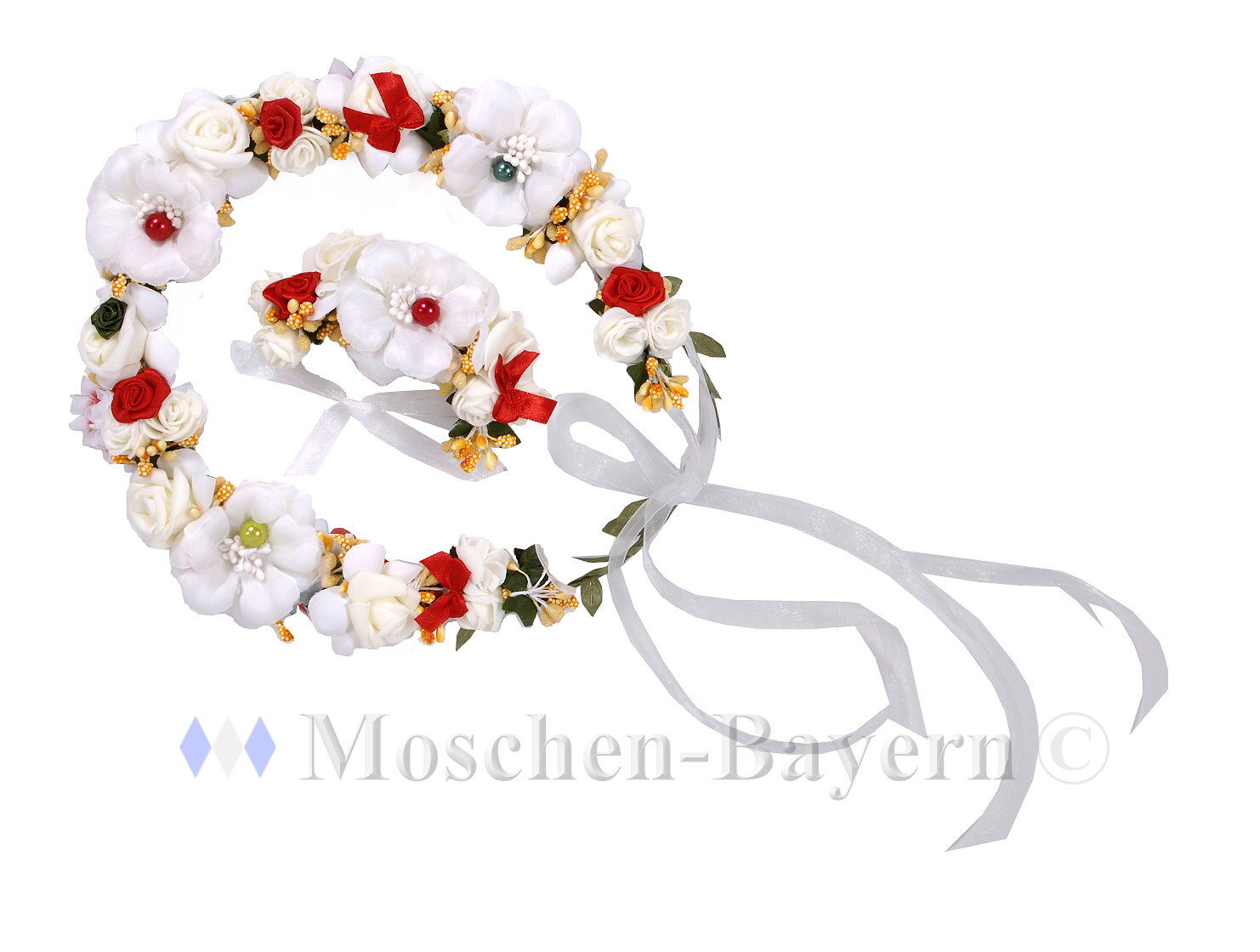 Blumenkranz zum Dirndl - Blumenreif  Haarreif Weiß-Rot Blumenkranz zum Dirndl - Blumenreif  Haarreif Weiß-Rot