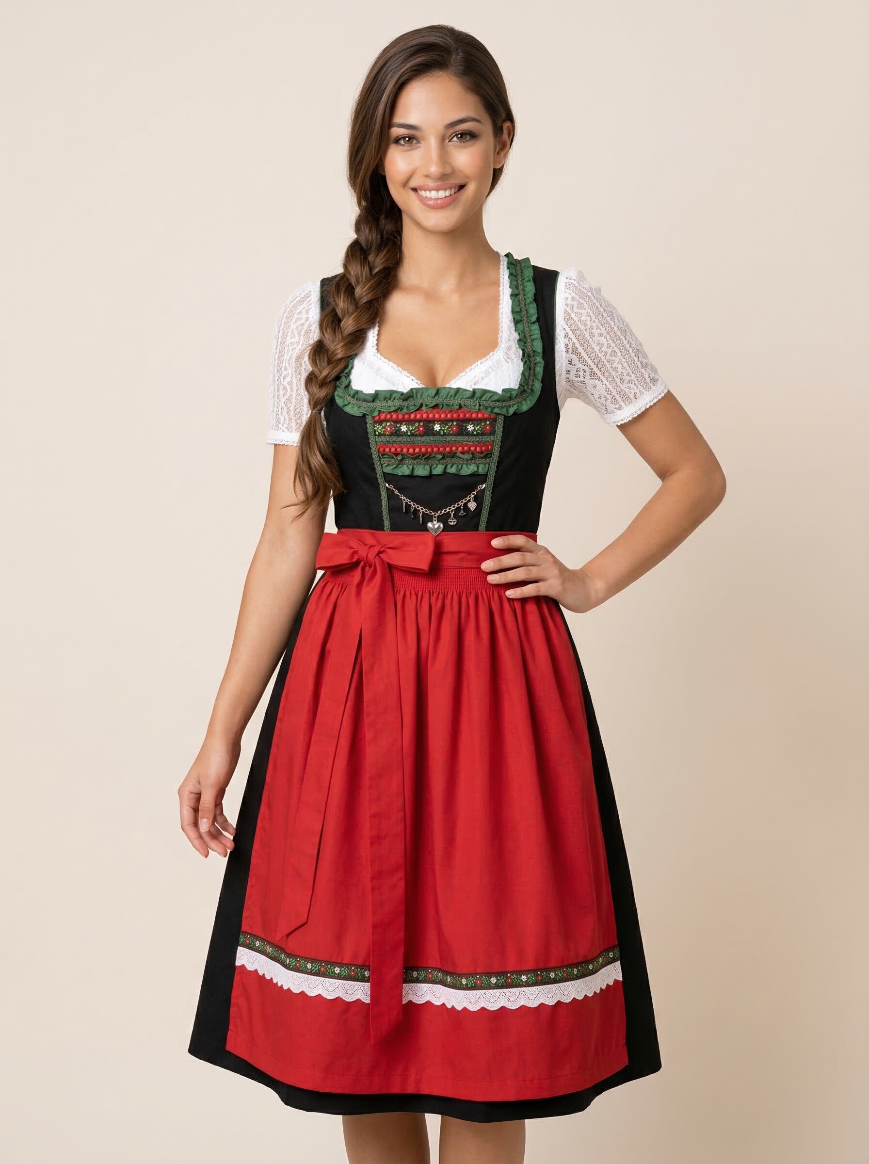 Schwarz-rotes Midi Dirndl Tanja für Damen – klassische Frontansicht