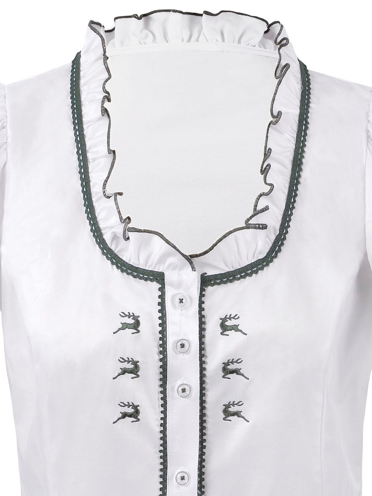 Trachtenbluse Damen Kurzarm Rüschen + Hirsch-Stickerei Weiß-Grün Trachtenbluse Damen Kurzarm Rüschen + Hirsch-Stickerei Weiß-Grün