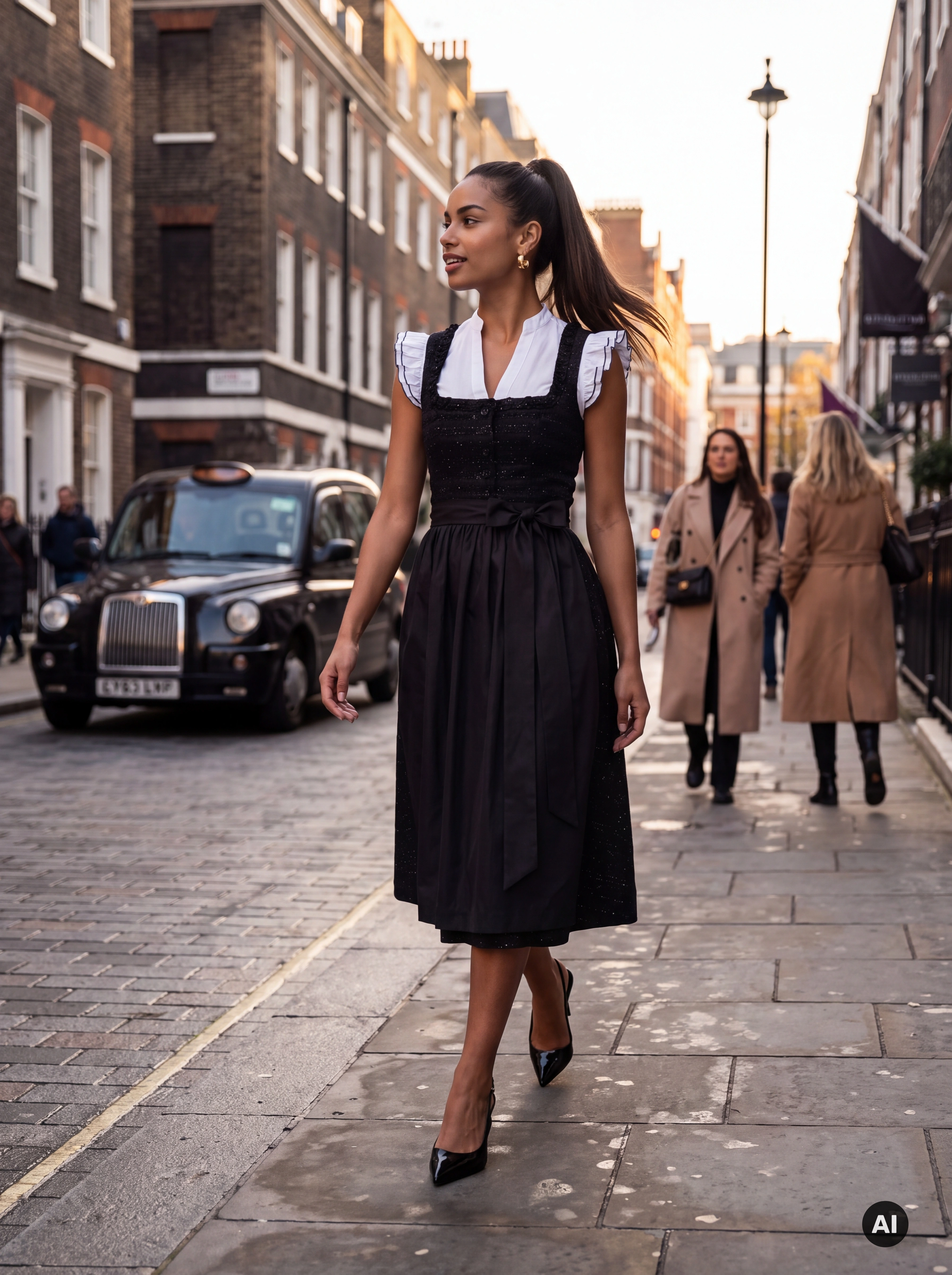 Midi Dirndl Chiara 70 cm Schwarz mit Glitzerstruktur & Schürze