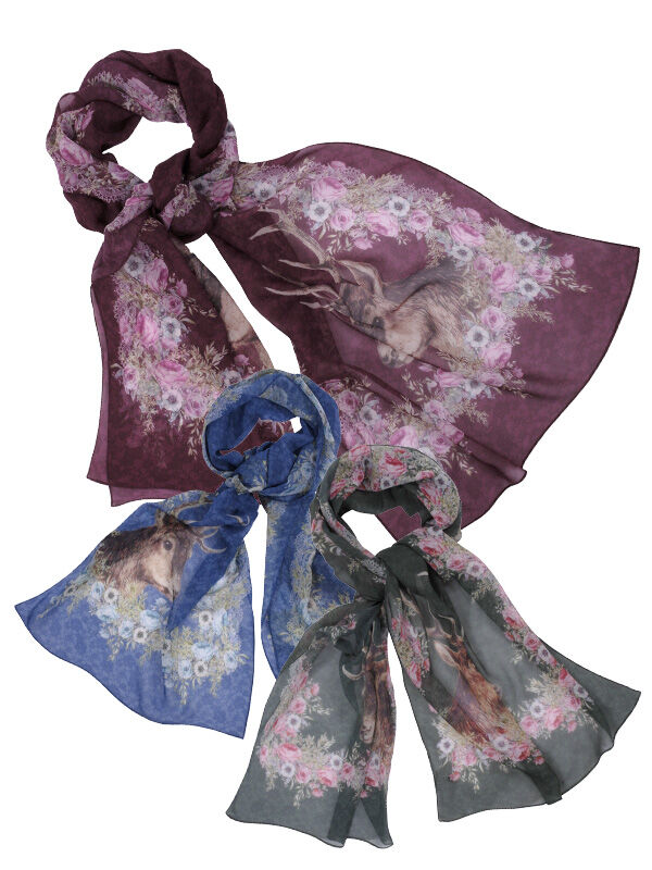 Trachtenschal duftiger Georgette Hirsch + Rosen Violett Grün Blau Trachtenschal duftiger Georgette Hirsch + Rosen Violett Grün Blau