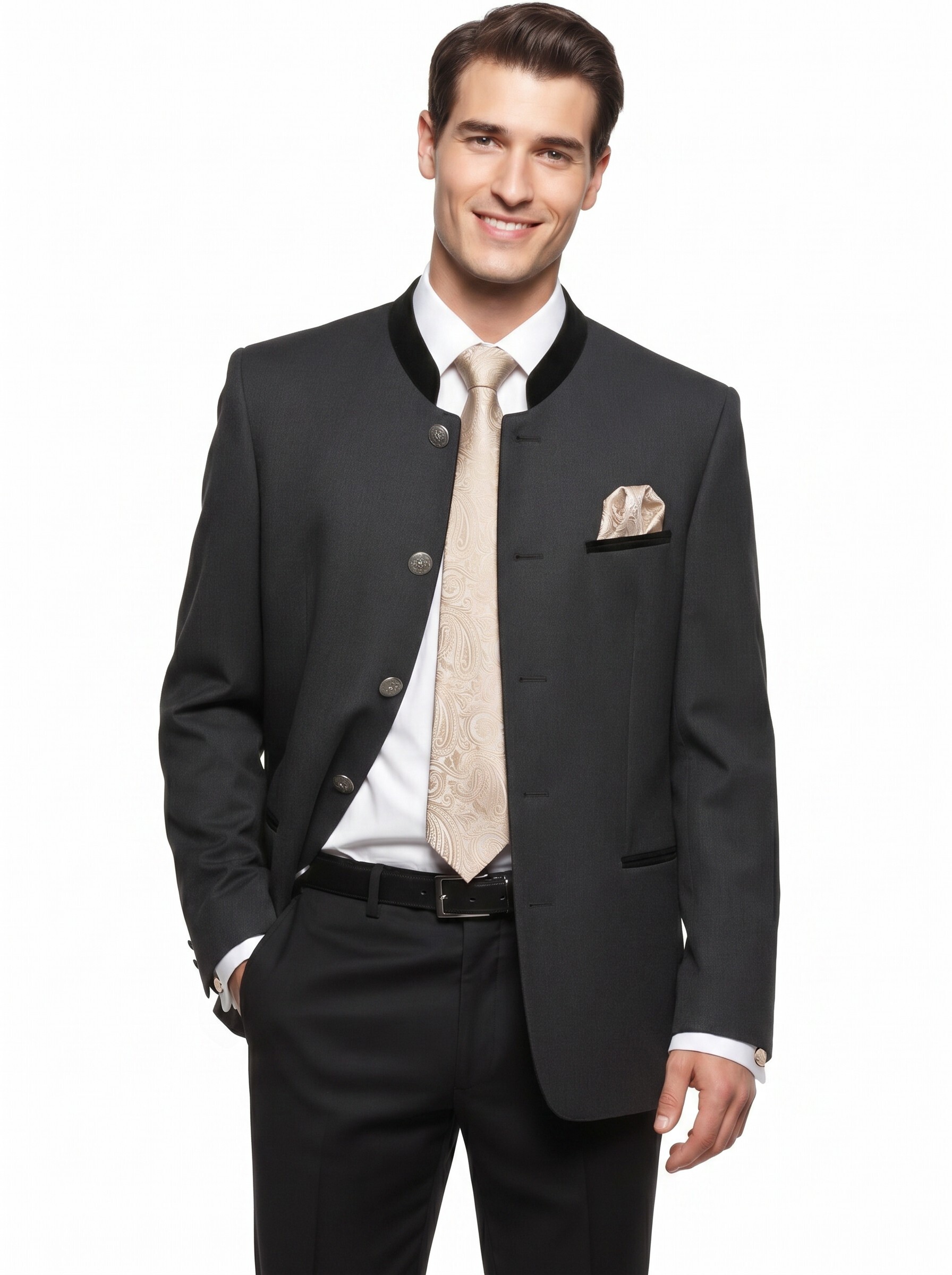 Trachtenkrawatte Paisley 100% Seide 3-tlg. Set festlich + Einstecktuch + Manschettenknöpfen