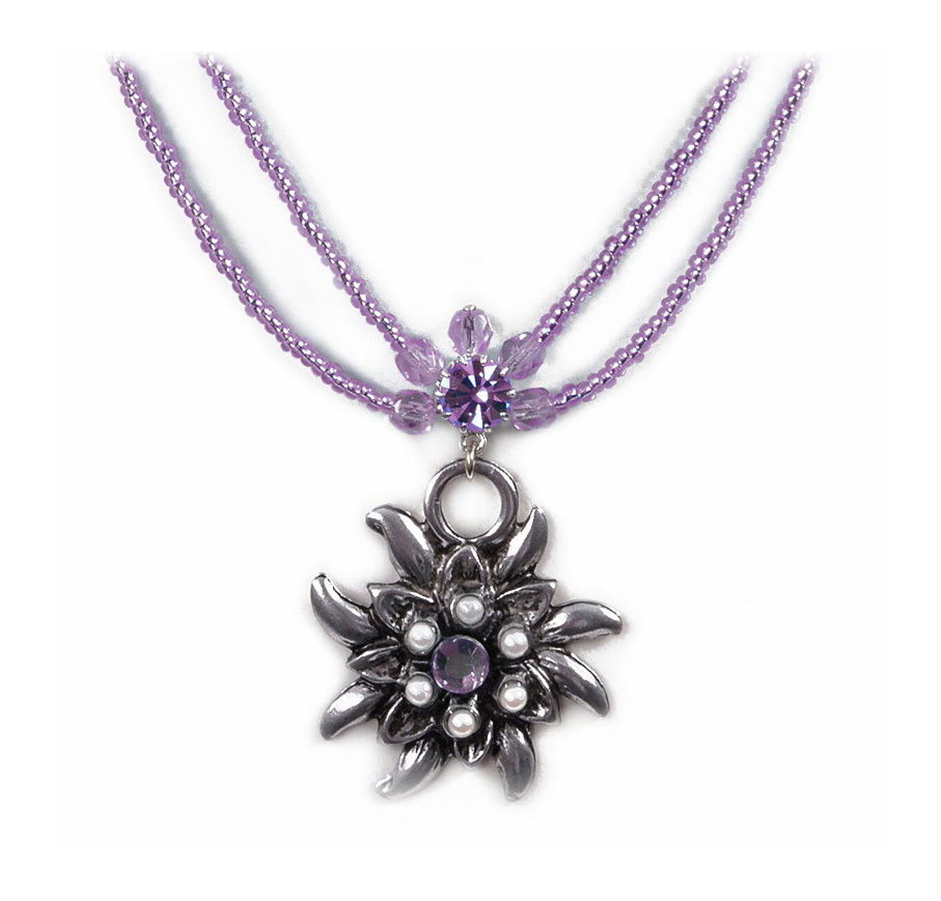 Trachtenkette Edelweißkette an Perlenkette Violett Flieder