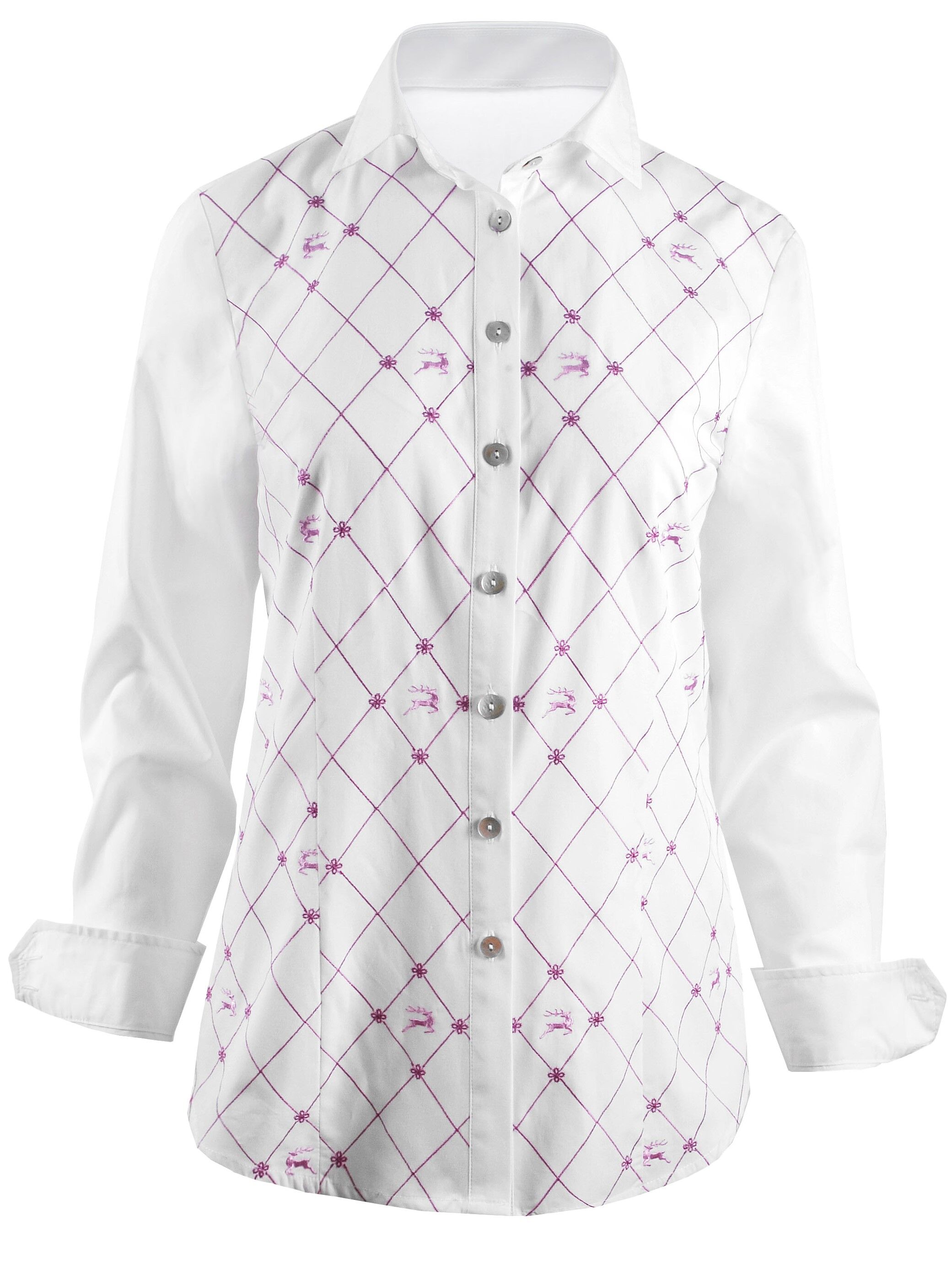 Premium Trachtenbluse Damen Langarm Hirsch-Stickerei Weiß-Pink Premium Trachtenbluse Damen Langarm Hirsch-Stickerei Weiß-Pink