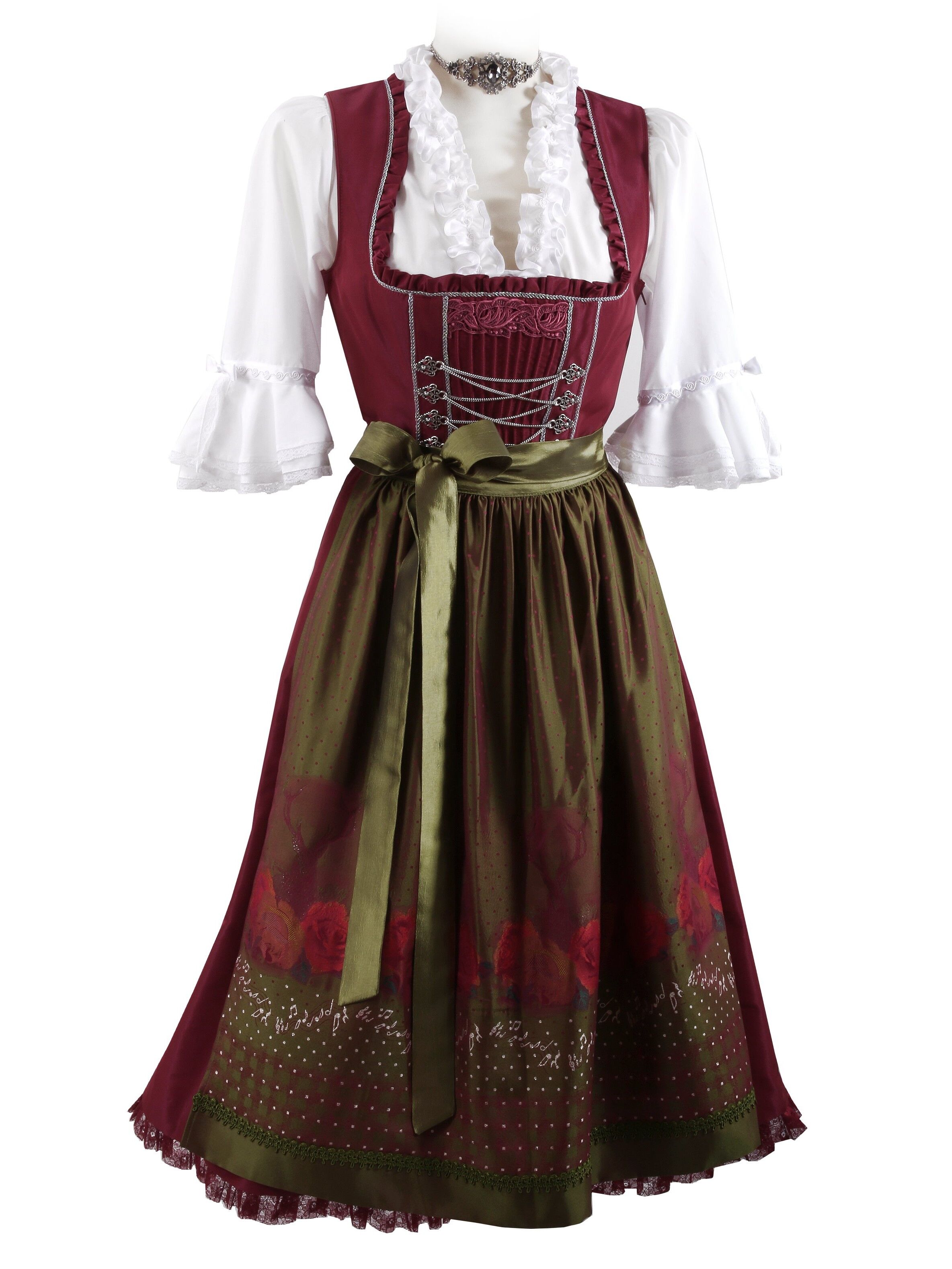Festliches Midi-Dirndl - kurzes Dirndl + edle Satinschürze Rot Bordeauxe Grün Festliches Midi-Dirndl - kurzes Dirndl + edle Satinschürze Rot Bordeauxe Grün