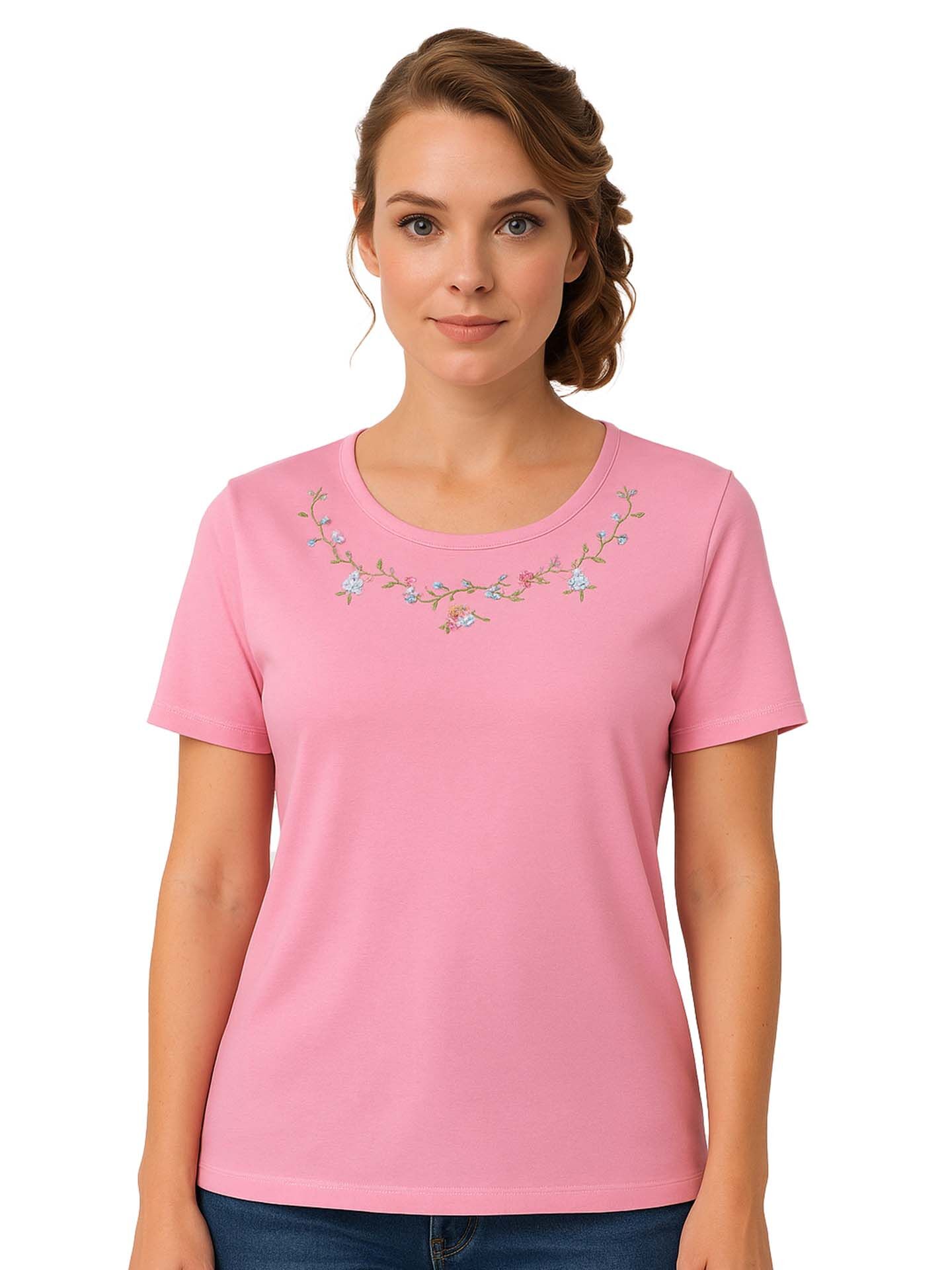 PREMIUM Trachtenshirt Damen T-Shirt lang Blumen-Stickerei Pink