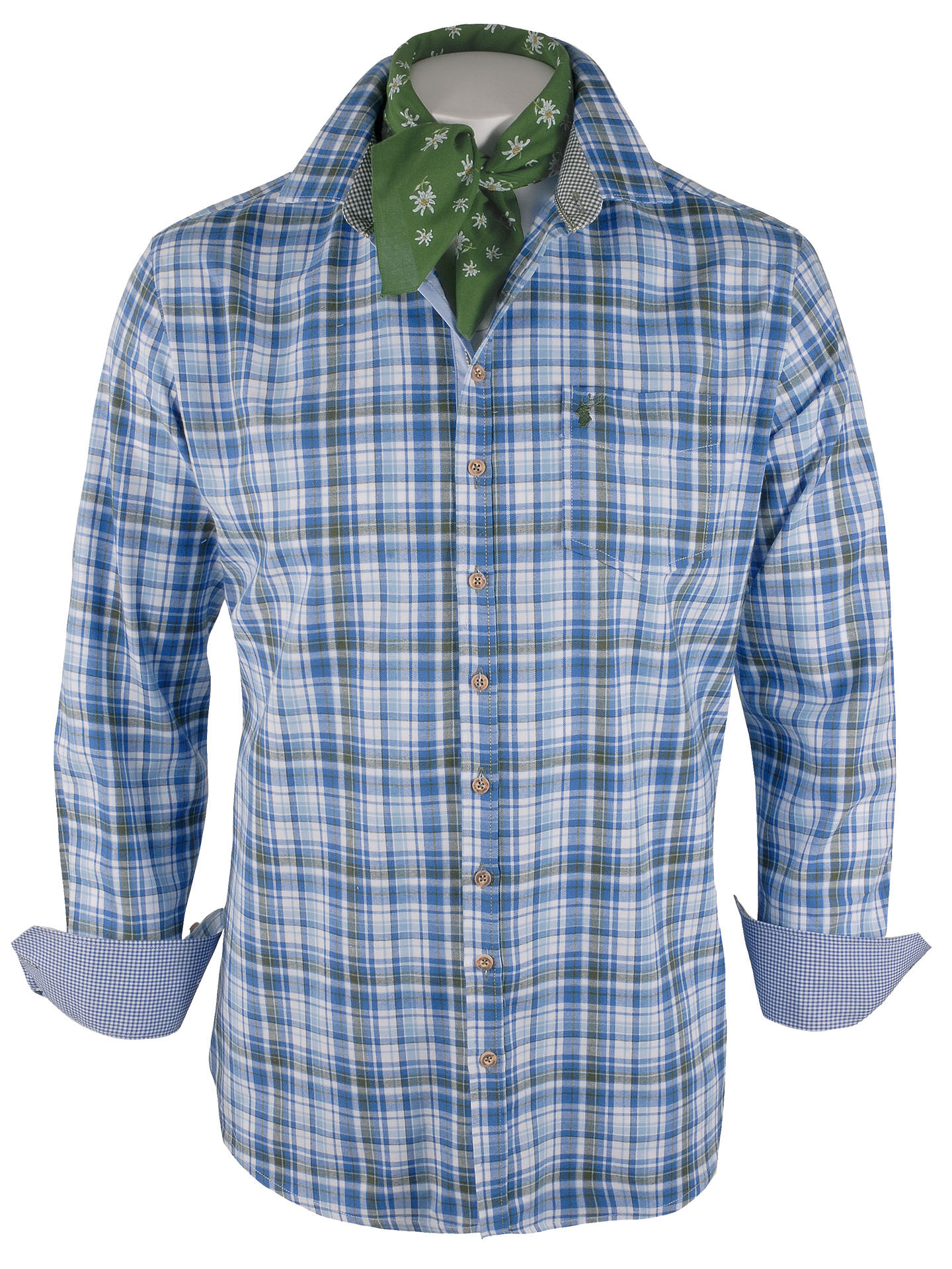 Trachtenhemd SLIM FIT kariert Blau-Grün Wiesn-Hemd mit Hirsch Stickerei Trachtenhemd SLIM FIT kariert Blau-Grün Wiesn-Hemd mit Hirsch Stickerei