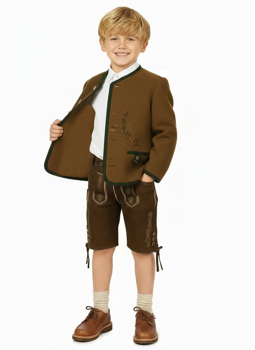 Trachtenjacke Jungen/Buben 100% Merinowolle Braun Stickerei Eichenlaub