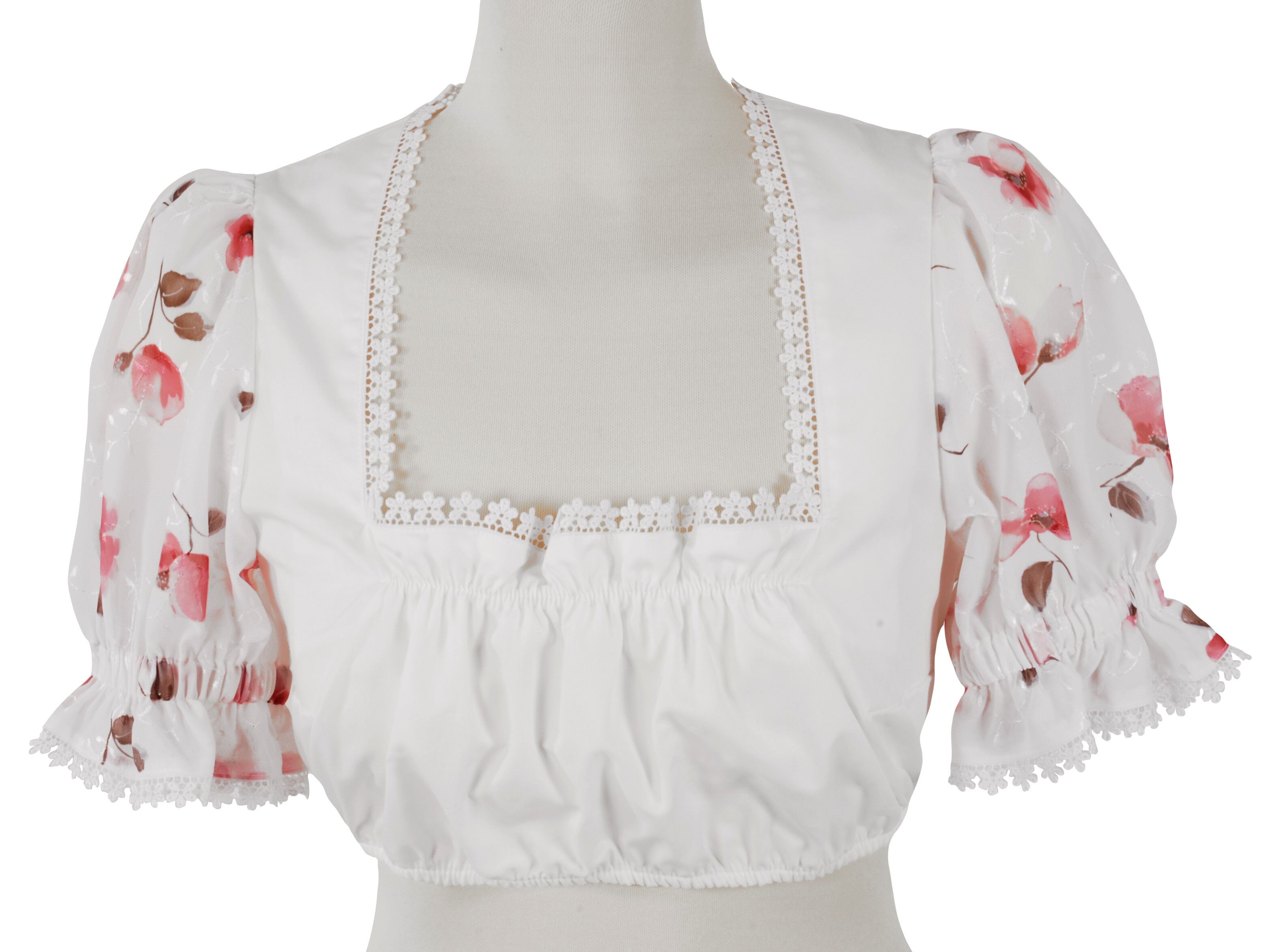 Dirndlbluse Damen festlich + Spitze Kurzarm Organza Blumen Weiß Rot Dirndlbluse Damen festlich + Spitze Kurzarm Organza Blumen Weiß Rot