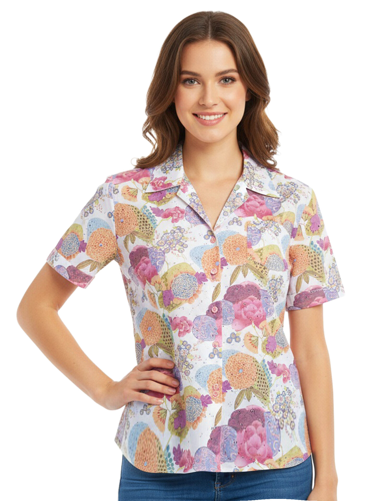 Fröhliche Sommerbluse Damen Kurzarm Lang zur Jeans Blumen Pink Bunt