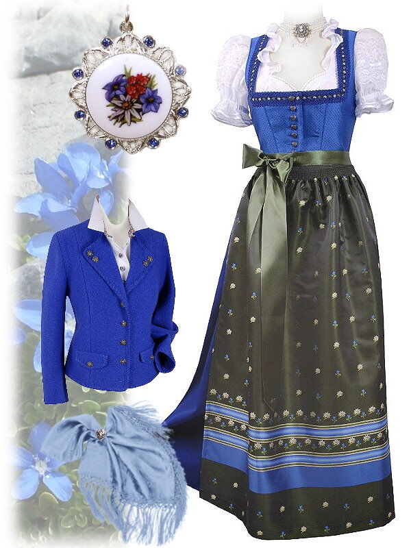 Edles Dirndl lang - Festtagsdirndl  + edle Satinschürze Royalblau Grün Edles Dirndl lang - Festtagsdirndl  + edle Satinschürze Royalblau Grün