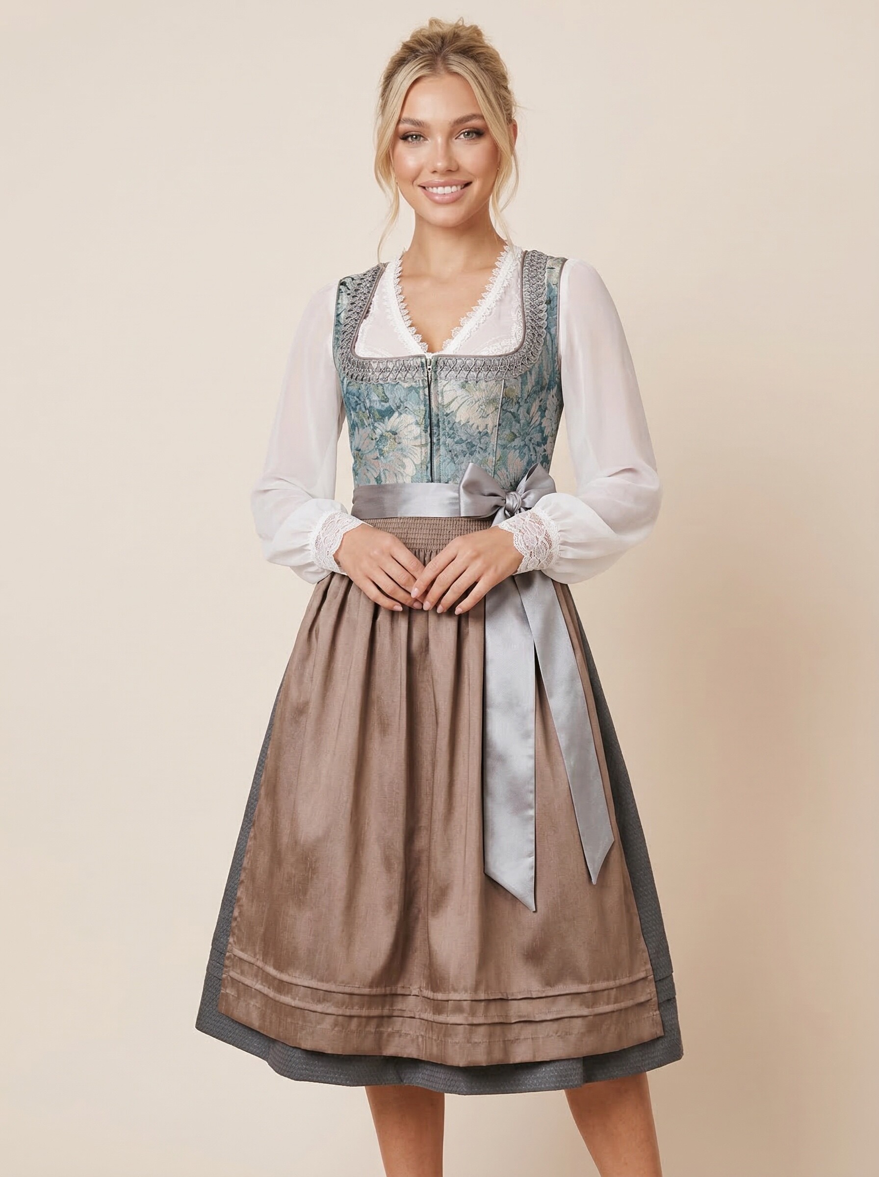 Blau-braunes Midi Dirndl Theresa für Damen – klassische Frontansicht