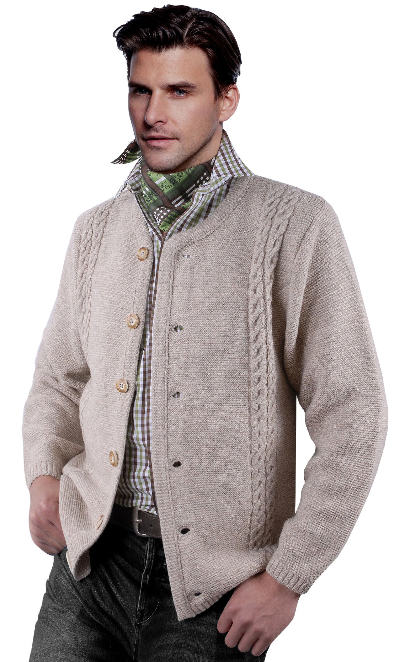 Trachtenstrickjacke Herren Zopf-Muster  Trachtenjanker zur Lederhose Beige Trachtenstrickjacke Herren Zopf-Muster  Trachtenjanker zur Lederhose Beige