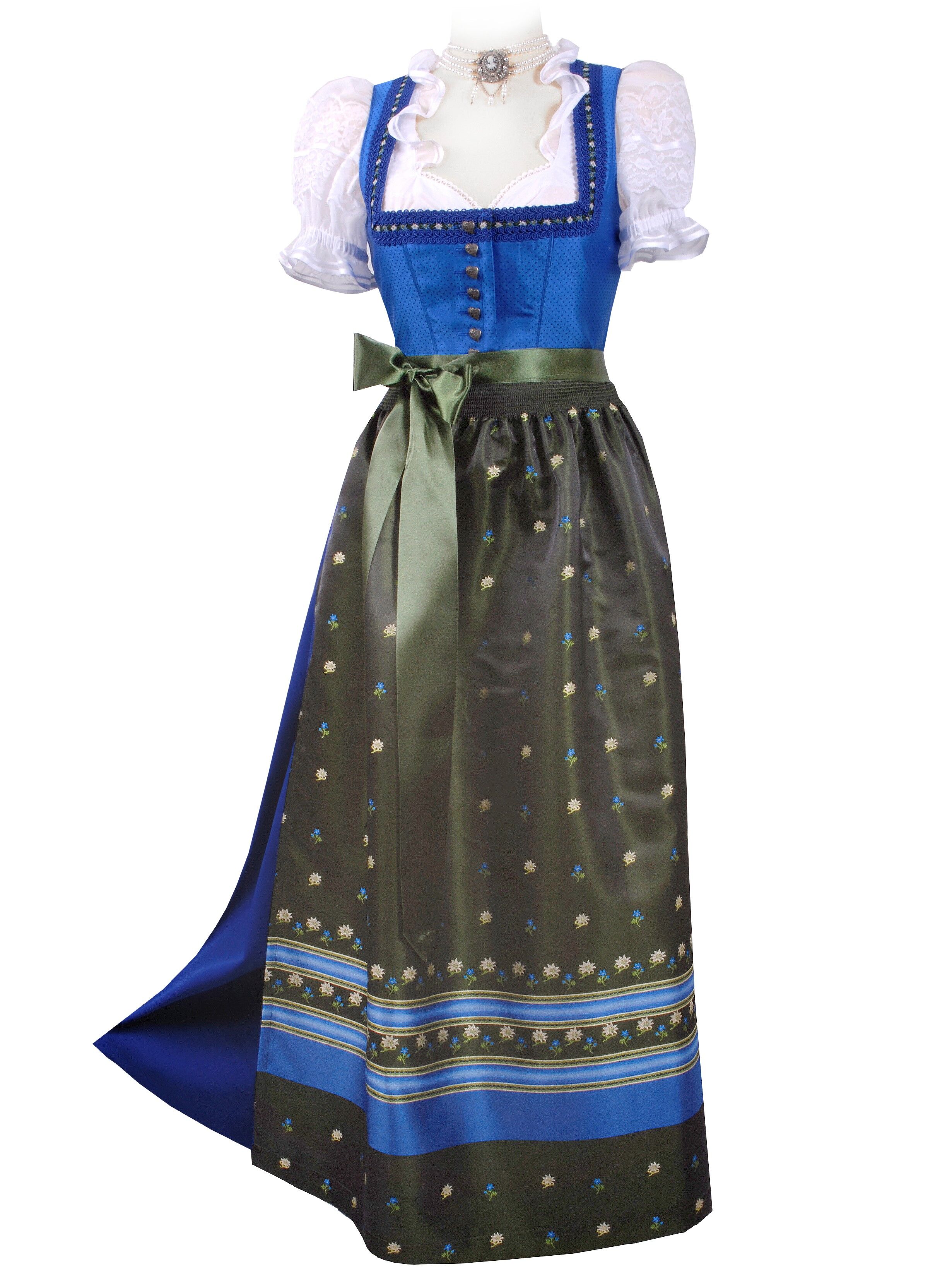 Edles Dirndl lang - Festtagsdirndl  + edle Satinschürze Royalblau Grün Edles Dirndl lang - Festtagsdirndl  + edle Satinschürze Royalblau Grün