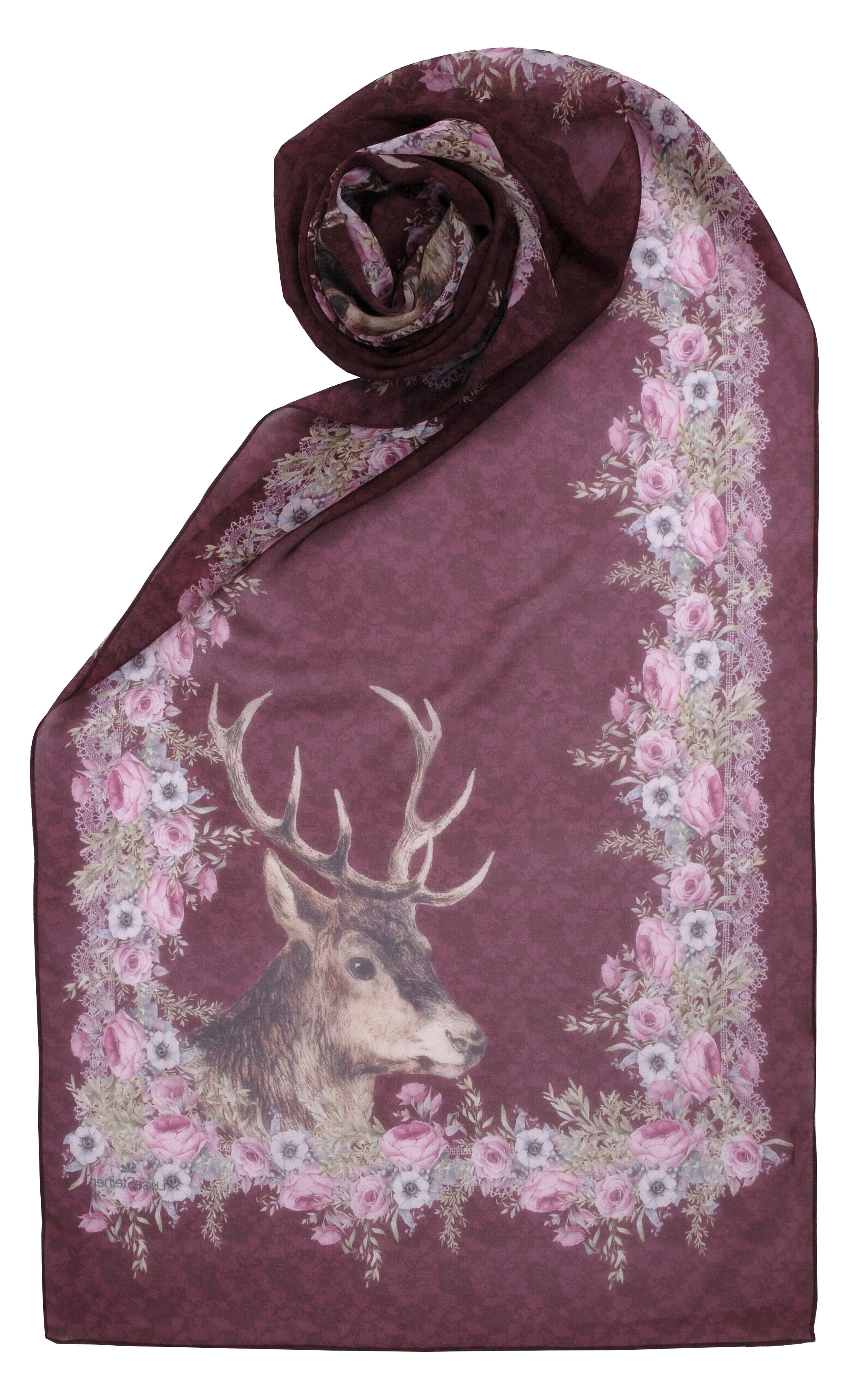 Trachtenschal duftiger Georgette Hirsch + Rosen Violett Grün Blau Trachtenschal duftiger Georgette Hirsch + Rosen Violett Grün Blau