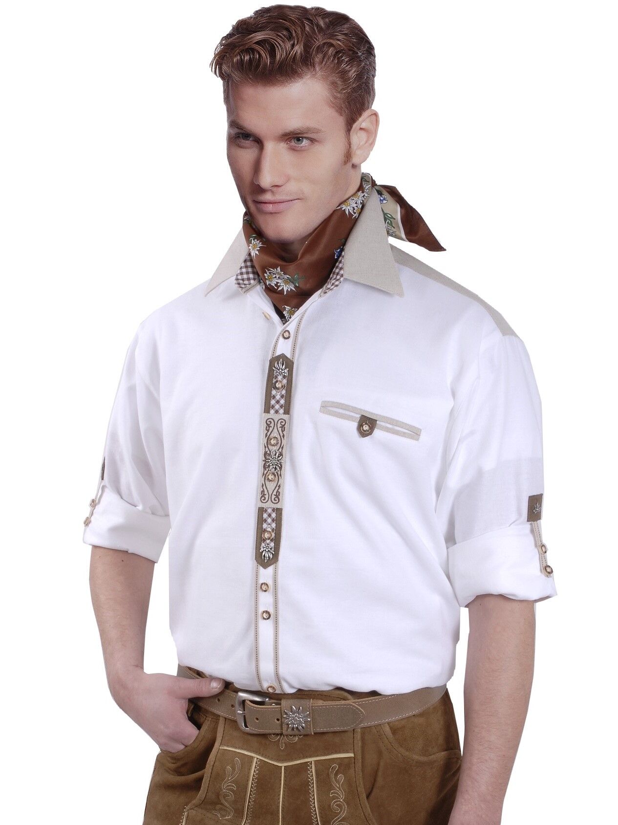Trachtenhemd Herren Weiß-Braun Stickerei + Karo-Besätze Trachtenhemd Herren Weiß-Braun Stickerei + Karo-Besätze