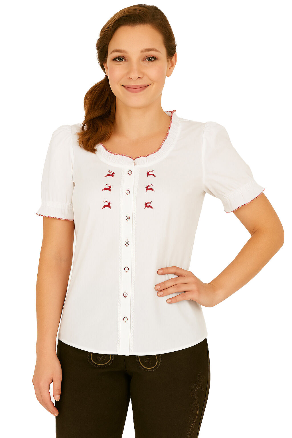 Trachtenbluse Damen Kurzarm - Rüschen + Hirsch-Stickerei Weiß-Rot Trachtenbluse Damen Kurzarm - Rüschen + Hirsch-Stickerei Weiß-Rot