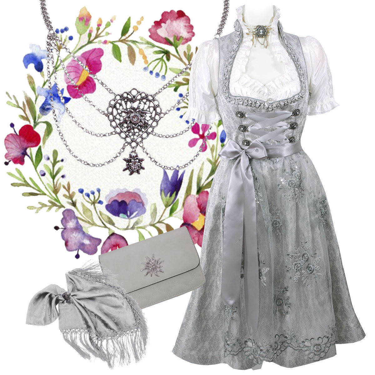 Festliches Midi-Dirndl - kurzes Dirndl mit Spitzenschürze Silber Festliches Midi-Dirndl - kurzes Dirndl mit Spitzenschürze Silber