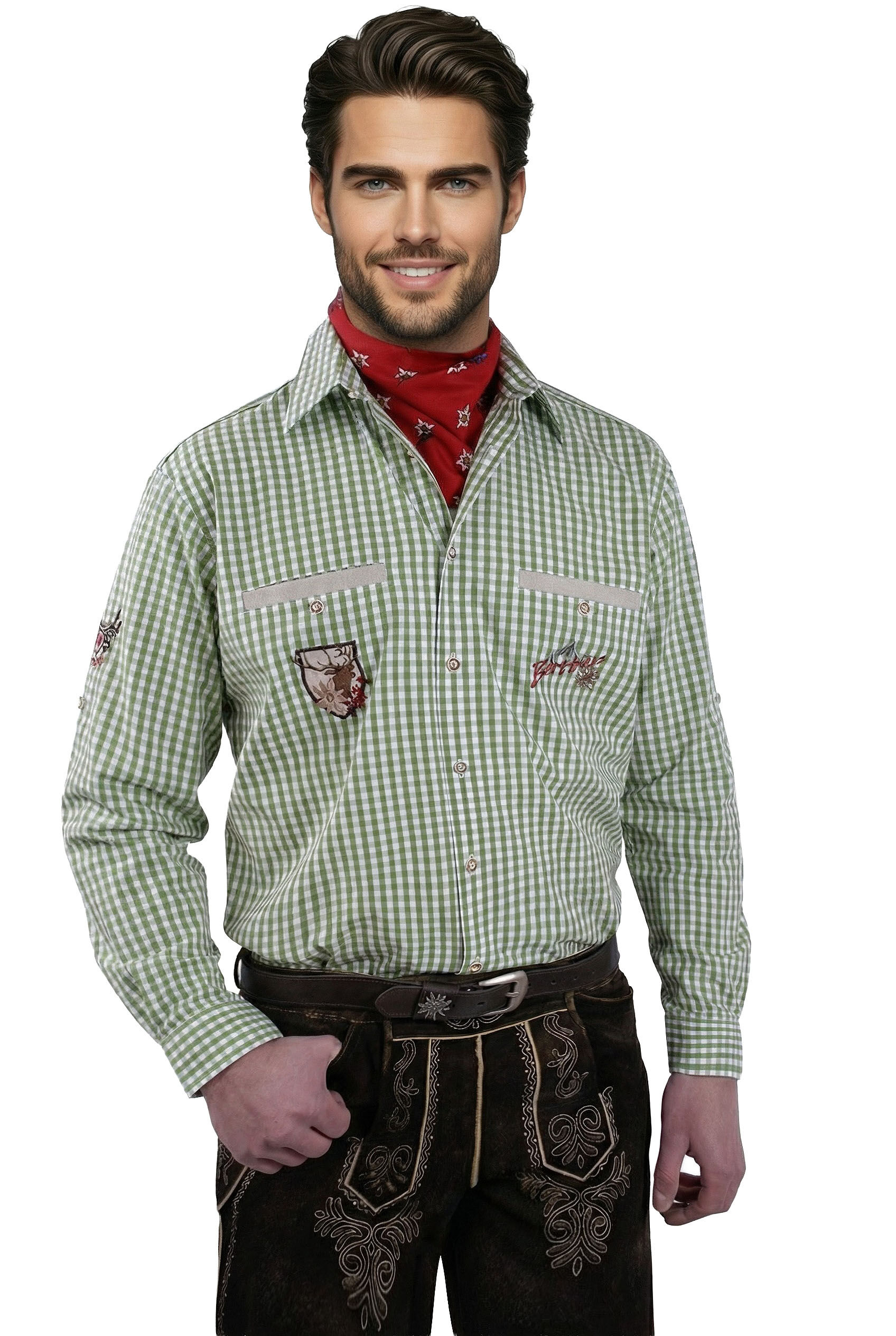 PREMIUM Trachtenhemd kariert Grün bestickt "easy care bügelfrei"