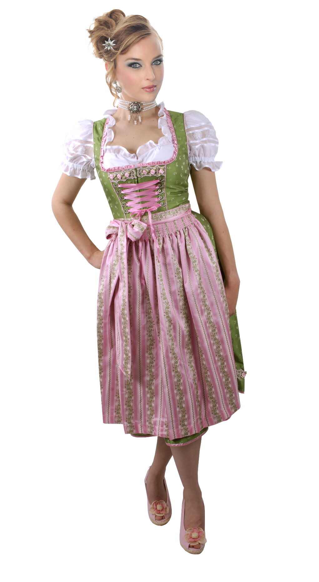 PREMIUM Designer-Dirndl Festtagsdirndl - festliches Midi-Dirndl Grün-Rosa PREMIUM Designer-Dirndl Festtagsdirndl - festliches Midi-Dirndl Grün-Rosa