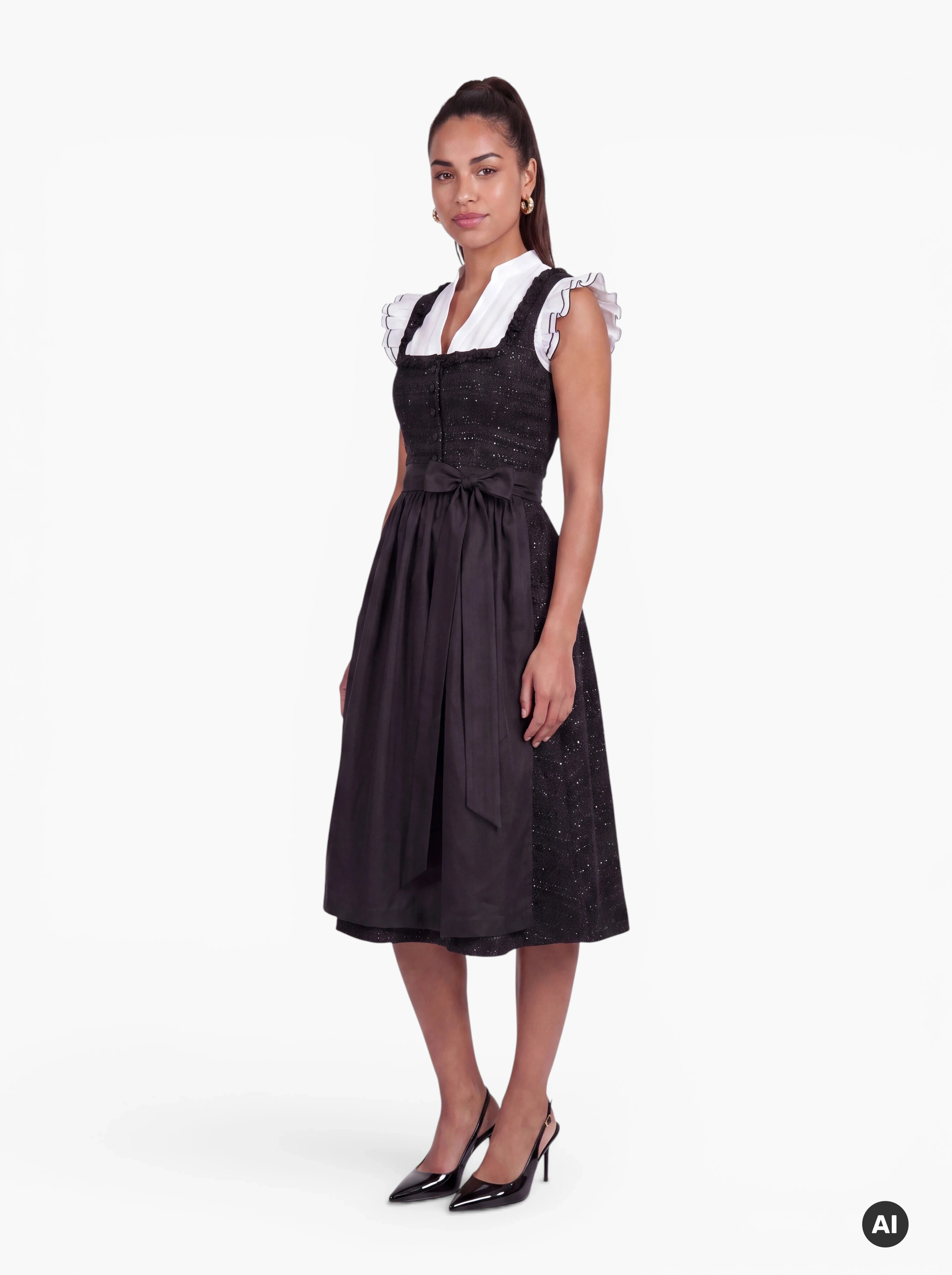 Midi Dirndl Chiara 70 cm Schwarz mit Glitzerstruktur & Schürze