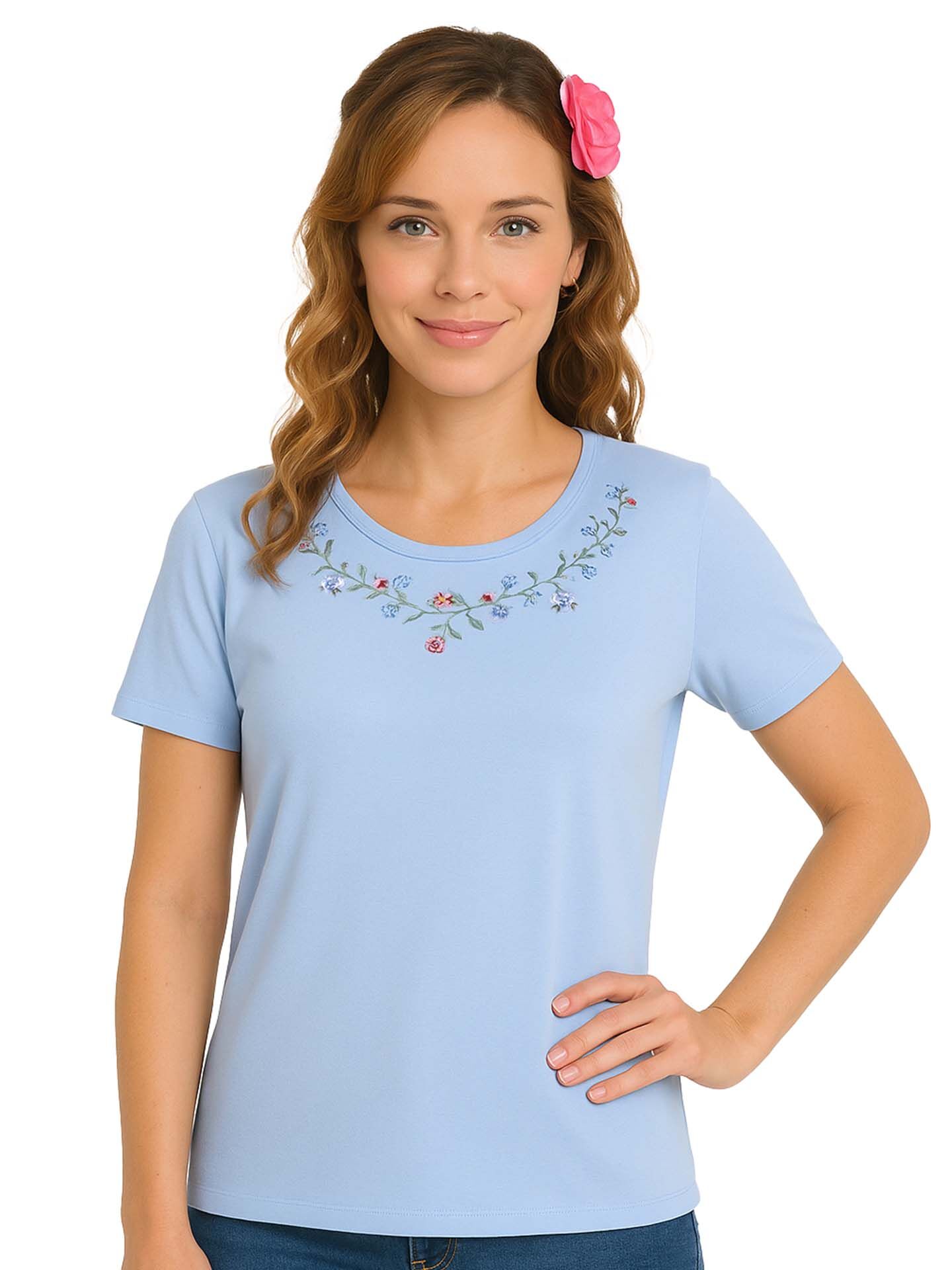 PREMIUM Trachtenshirt Damen T-Shirt lang Blumen-Stickerei Hellblau