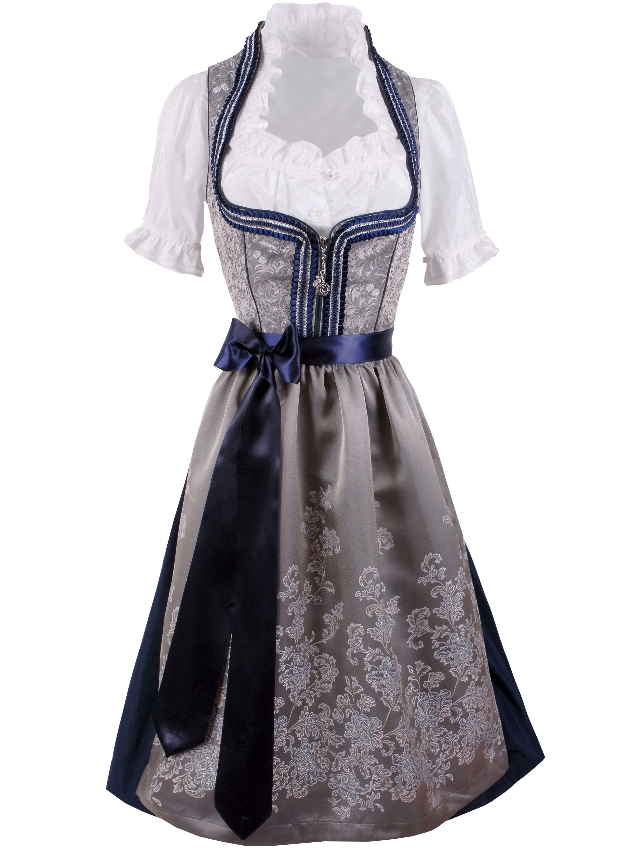 Festliches Midi-Dirndl - kurzes Dirndl + edle Satinschürze Silber-Marineblau Festliches Midi-Dirndl - kurzes Dirndl + edle Satinschürze Silber-Marineblau