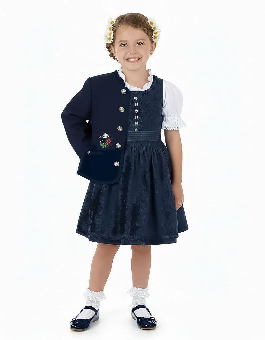 Trachtenjacke Mädchen Madl 100% Merinowolle Blau Marine Edelweiß