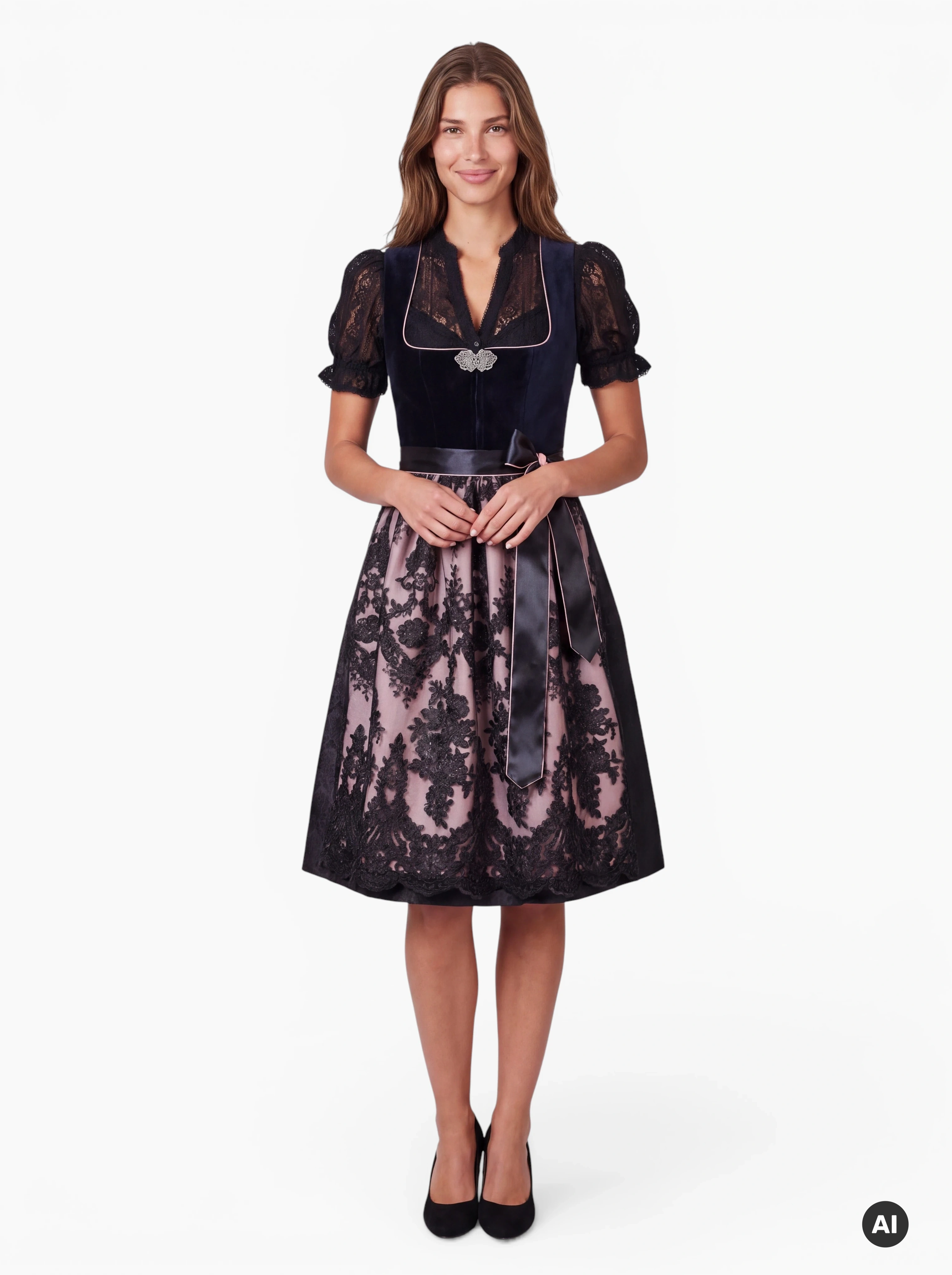 Midi-Dirndl Sarah 70 cm Schwarz mit Spitzenschürze
