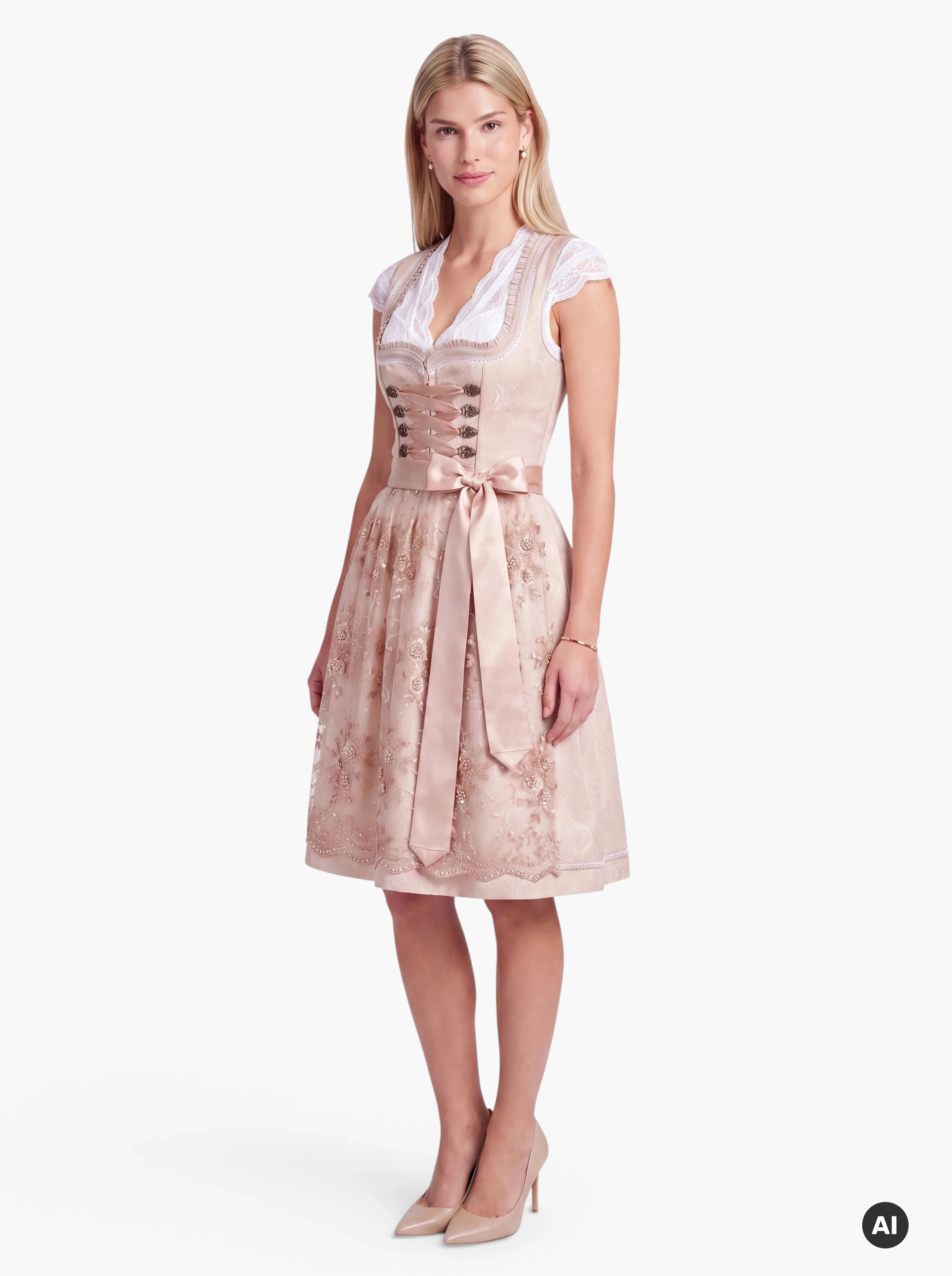 Midi-Dirndl Anna 65 cm Beige-Rosé mit Spitzenschürze & Schnürung