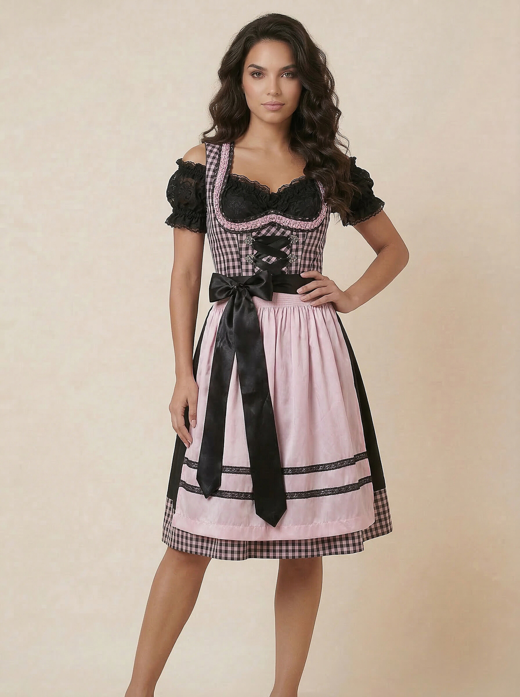 Kurzes rosa-schwarzes Dirndl Lea für Damen – klassische Frontansicht