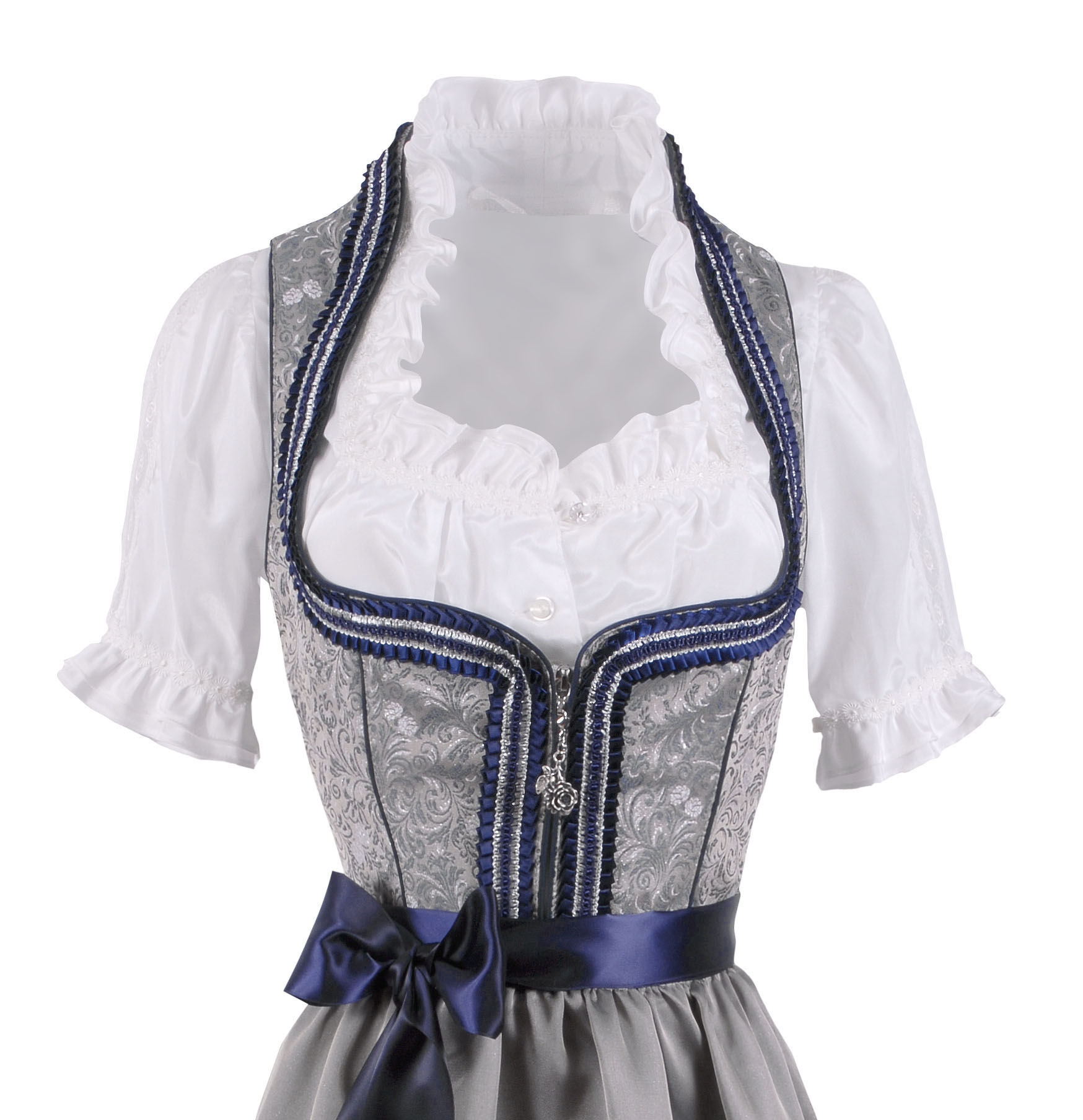 Festliches Midi-Dirndl - kurzes Dirndl + edle Satinschürze Silber-Marineblau Festliches Midi-Dirndl - kurzes Dirndl + edle Satinschürze Silber-Marineblau
