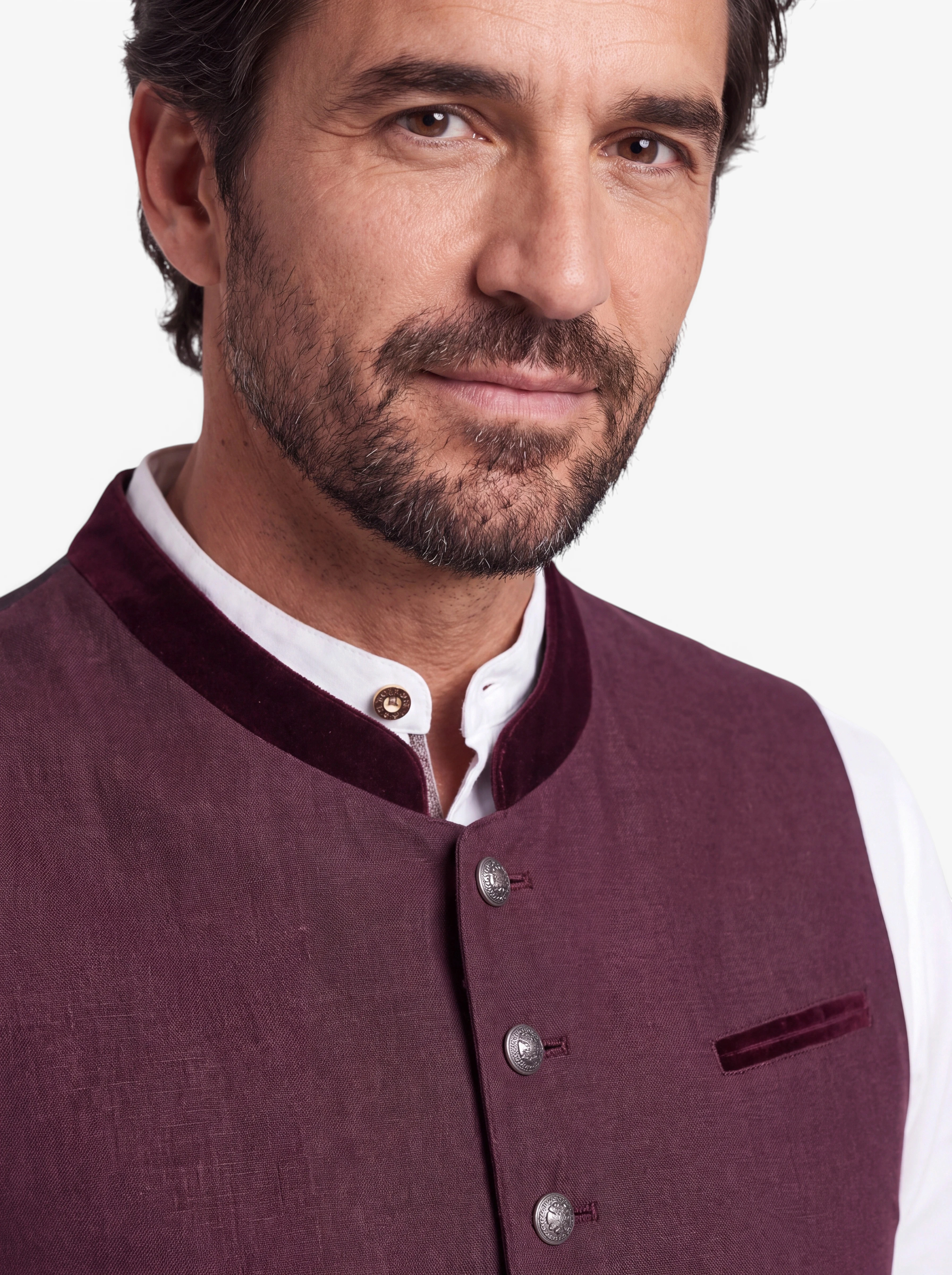 Stretch Trachtenweste Kuno Bordeaux – Elegantes Herren Gilet mit Samtbesatz