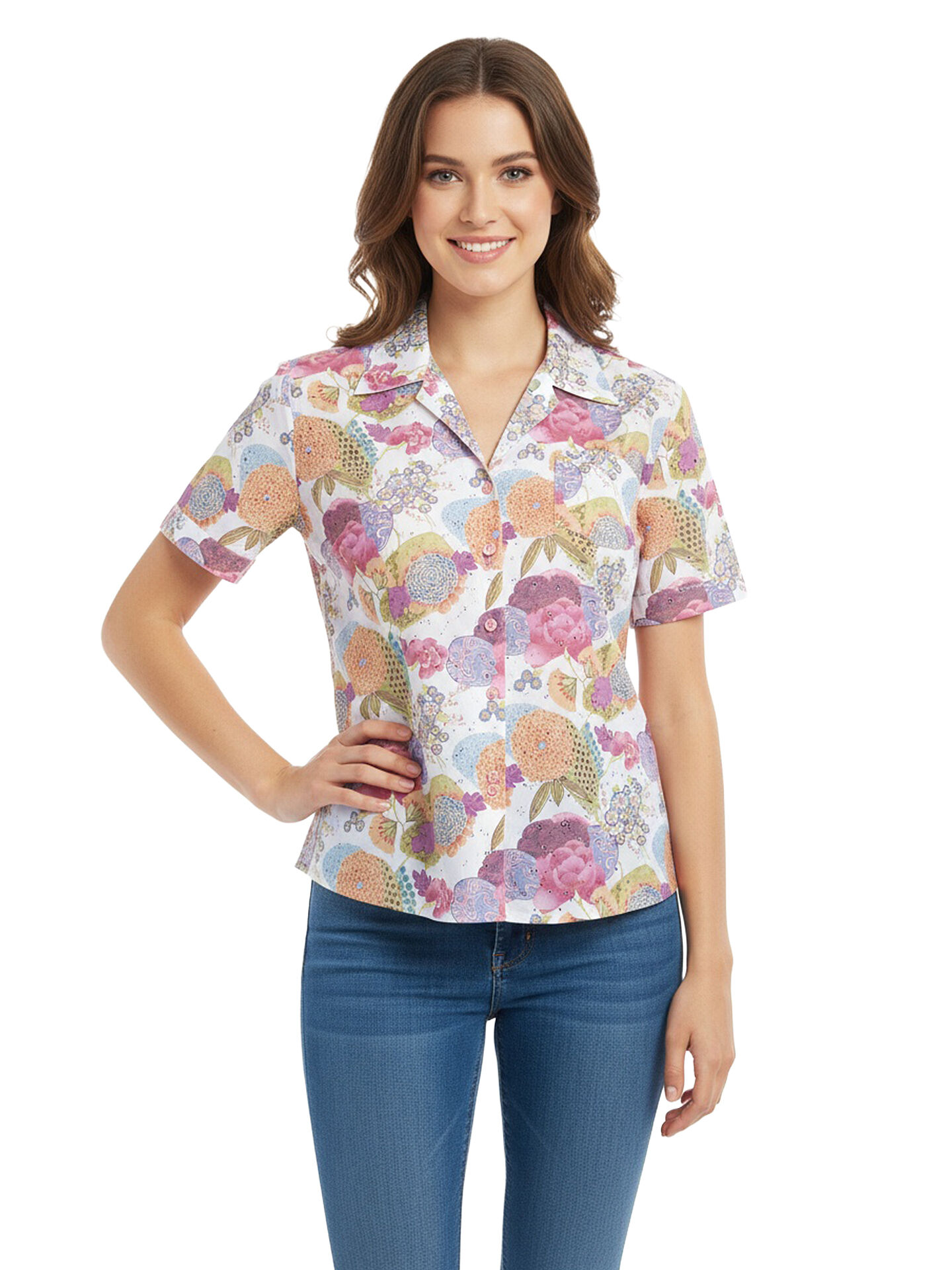 Fröhliche Sommerbluse Damen Kurzarm Lang zur Jeans Blumen Pink Bunt