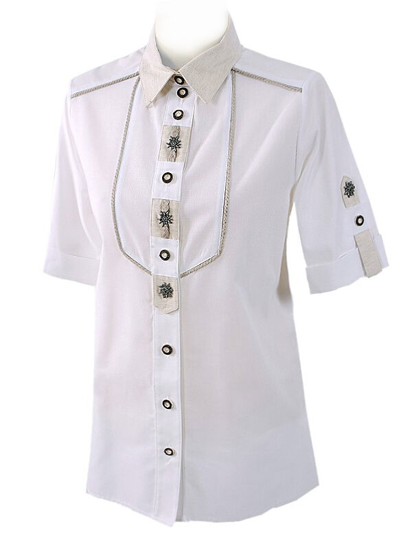 Trachtenbluse Damen Kurzarm Lang zur Jeans + Edelweiß Weiß-Beige  Trachtenbluse Damen Kurzarm Lang zur Jeans + Edelweiß Weiß-Beige