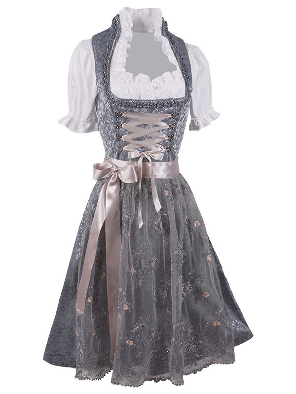 Festliches Midi-Dirndl - kurzes Dirndl mit Spitzenschürze Grau Anthrazit Festliches Midi-Dirndl - kurzes Dirndl mit Spitzenschürze Grau Anthrazit