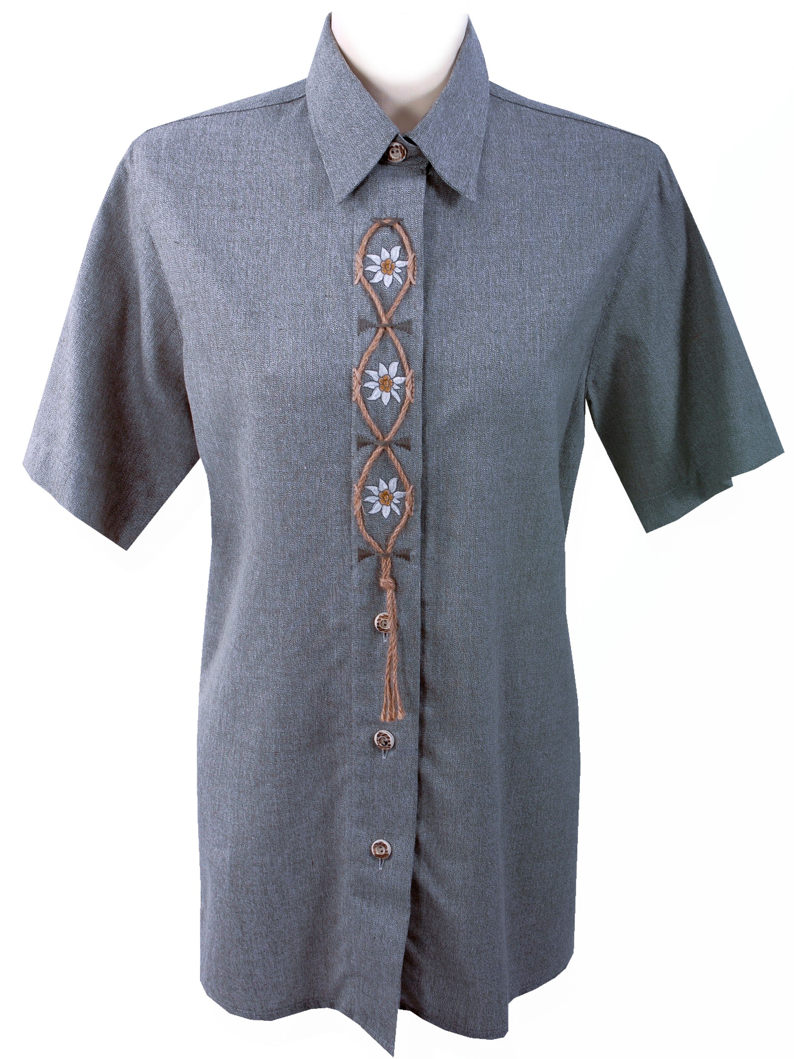 Trachtenbluse Damen Kurzarm Lang zur Jeans bestickt Edelweiß Grau Trachtenbluse Damen Kurzarm Lang zur Jeans bestickt Edelweiß Grau