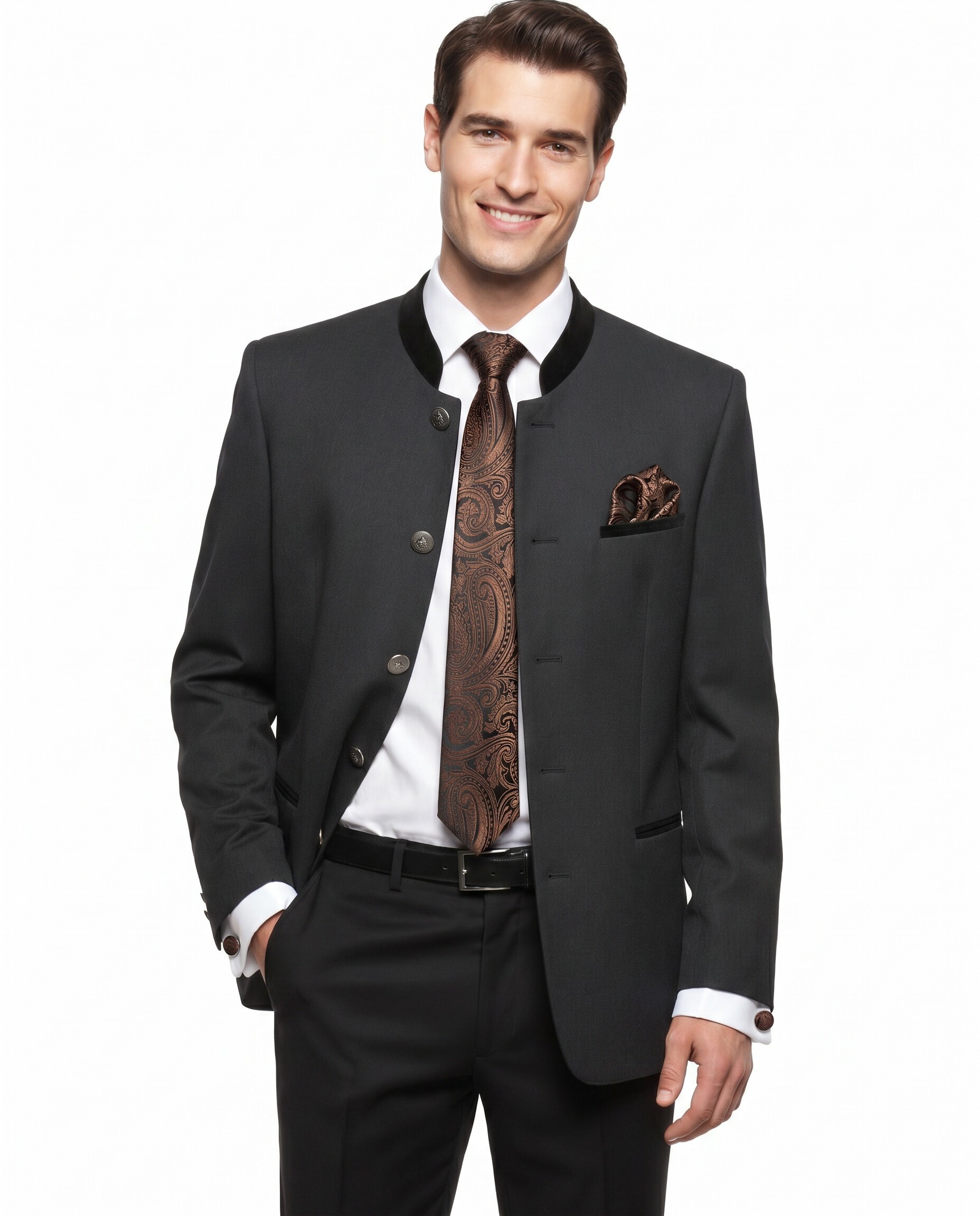 Trachtenkrawatte Paisley 100% Seide 3-tlg. Set festlich + Einstecktuch + Manschettenknöpfen