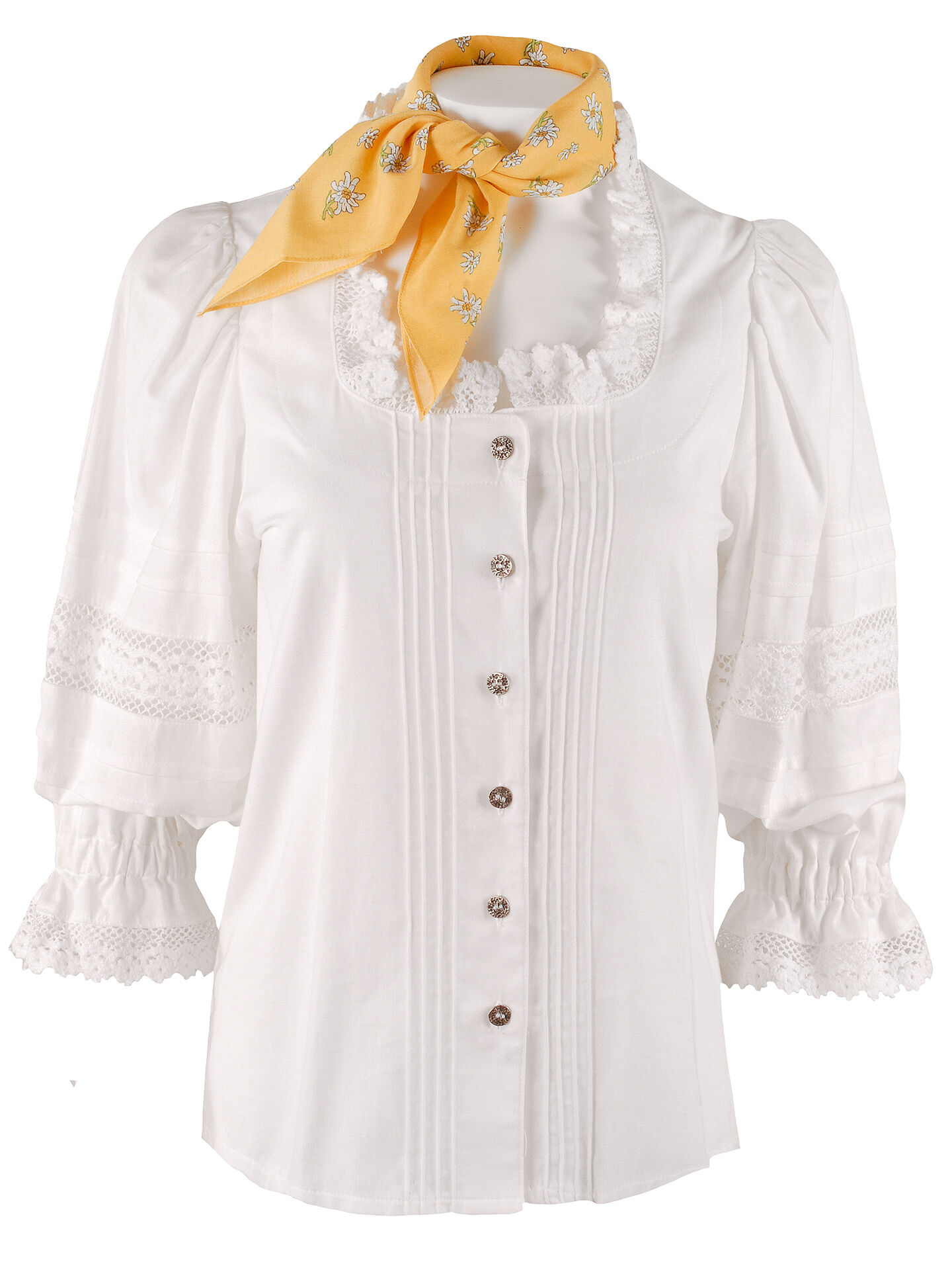 Trachtenbluse Damen Kurzarm mit Rüschen + Biesen Weiß  Trachtenbluse Damen Kurzarm mit Rüschen + Biesen Weiß